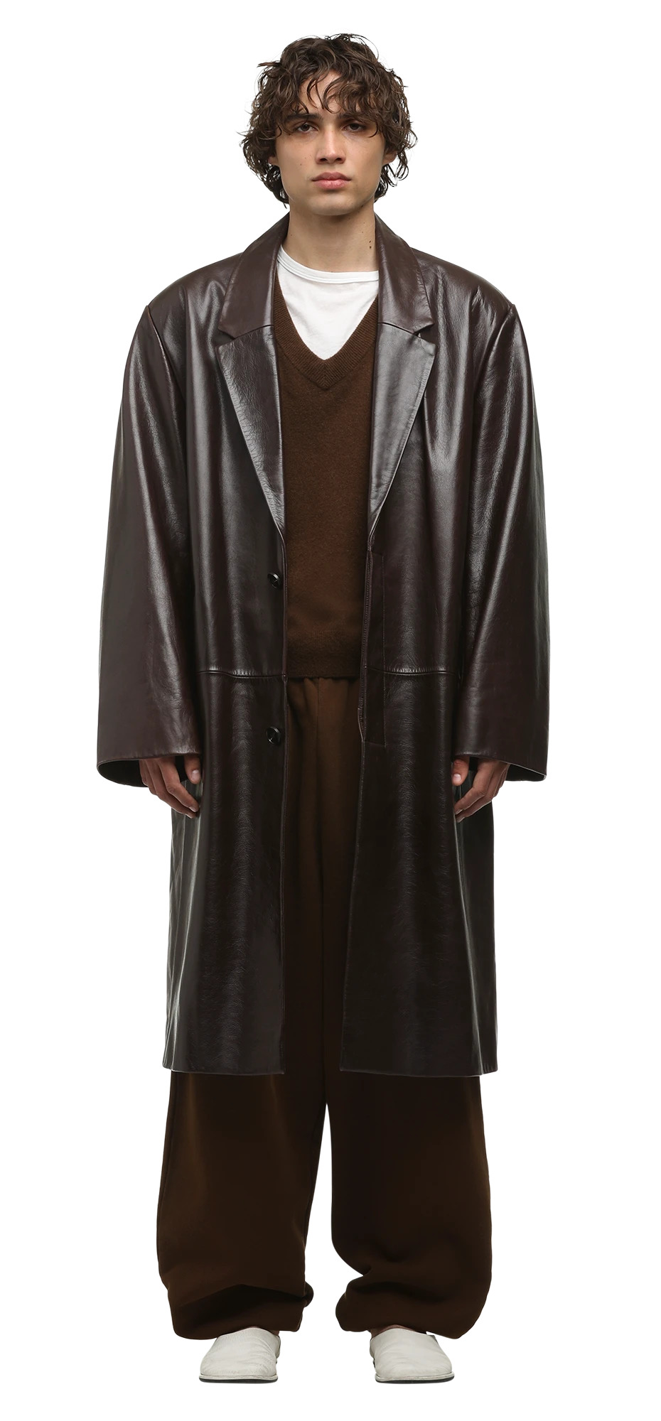 SINGLE BREASTED LEATHER COAT DARK BROWN - 4