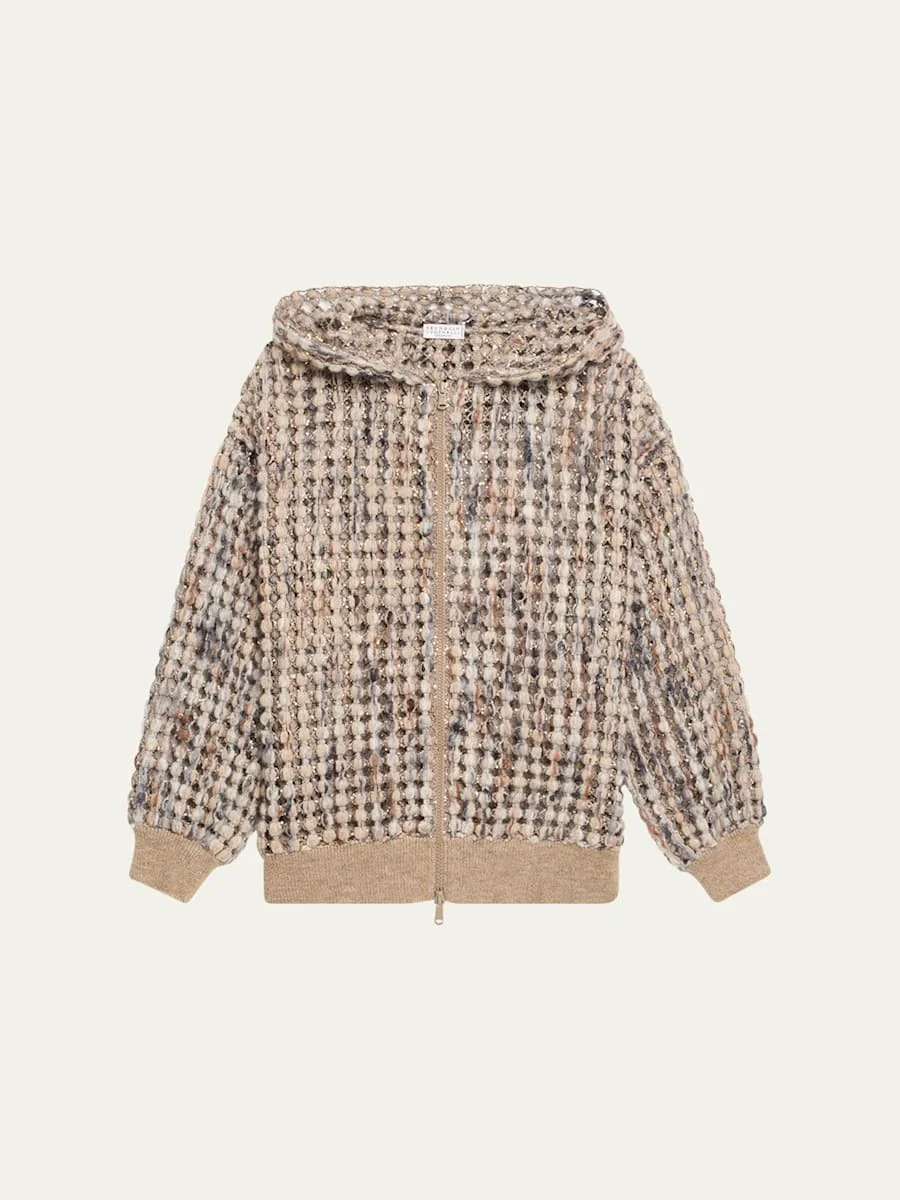 Pailette Wool-Cashmere Net Balloon-Sleeve Zip Hoodie - 1