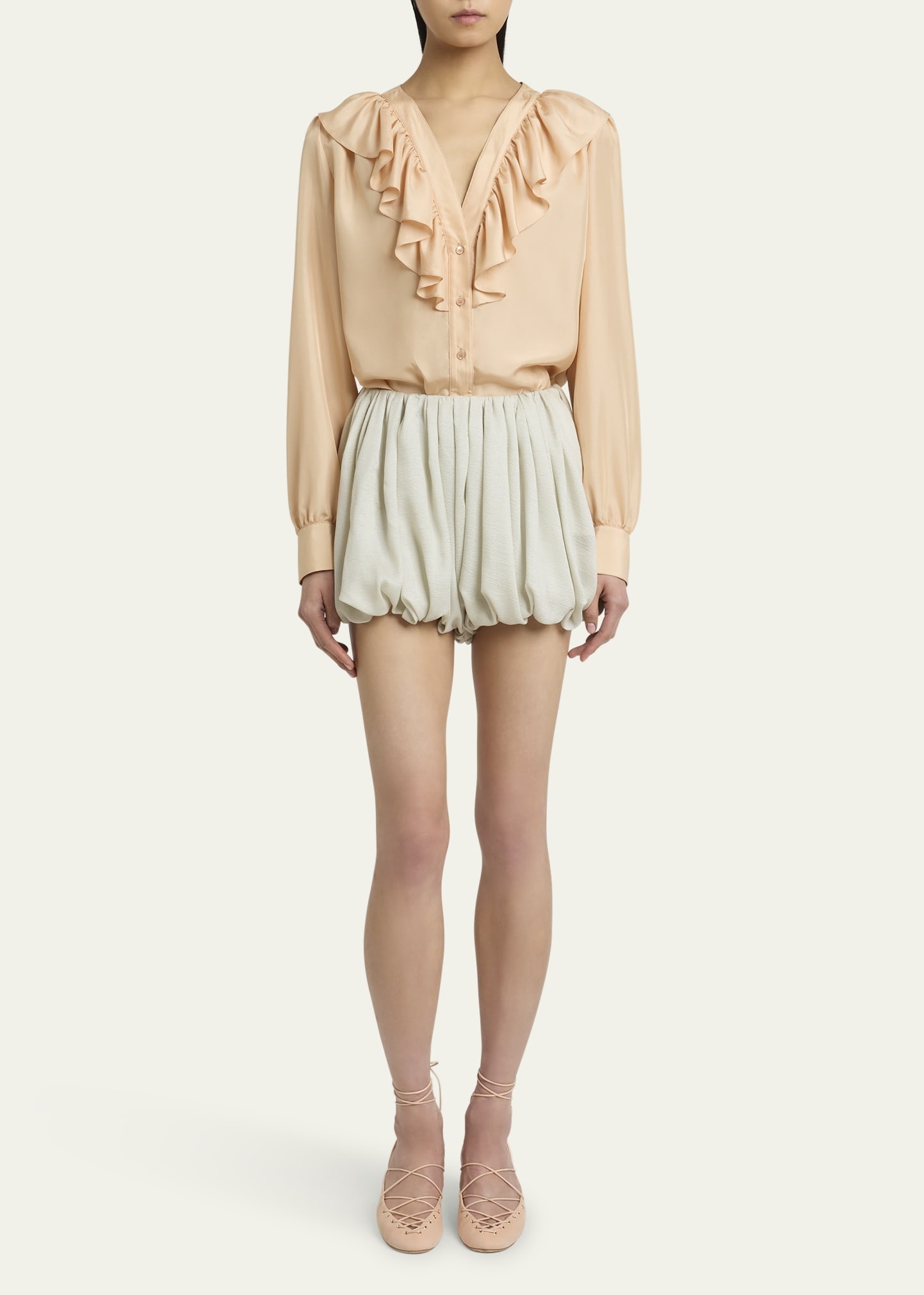 Ruffled V-Neck Silk Blouse - 2