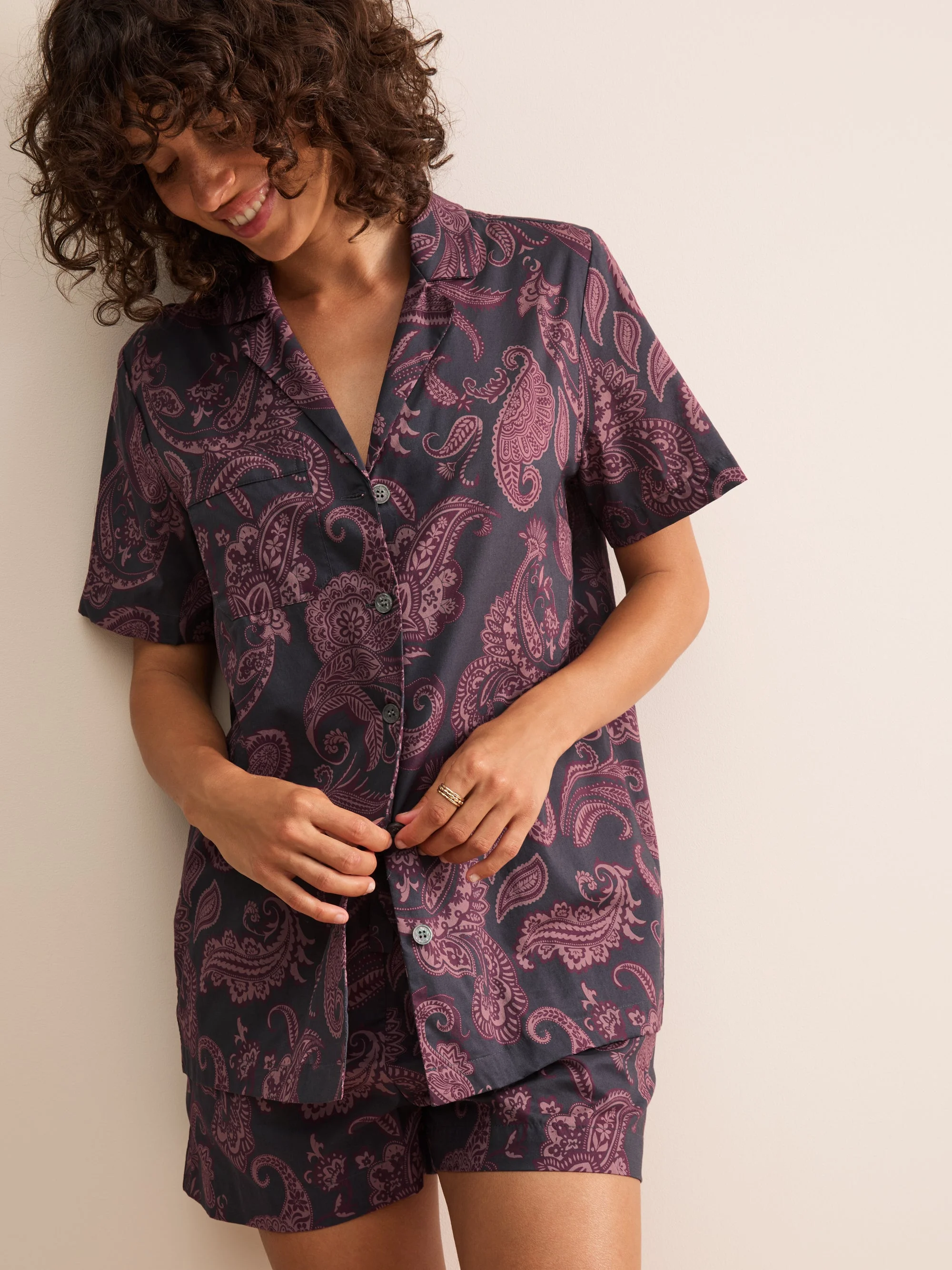 Ledbury Cotton Batiste Short Pajamas Night Gray & Wine Paisley - 1