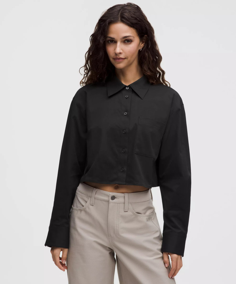 Woven Cropped Button-Up Long-Sleeve Shirt 1