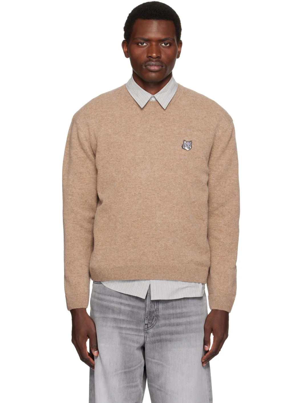 Beige Fox Head Lambswool Comfort Sweater - 1