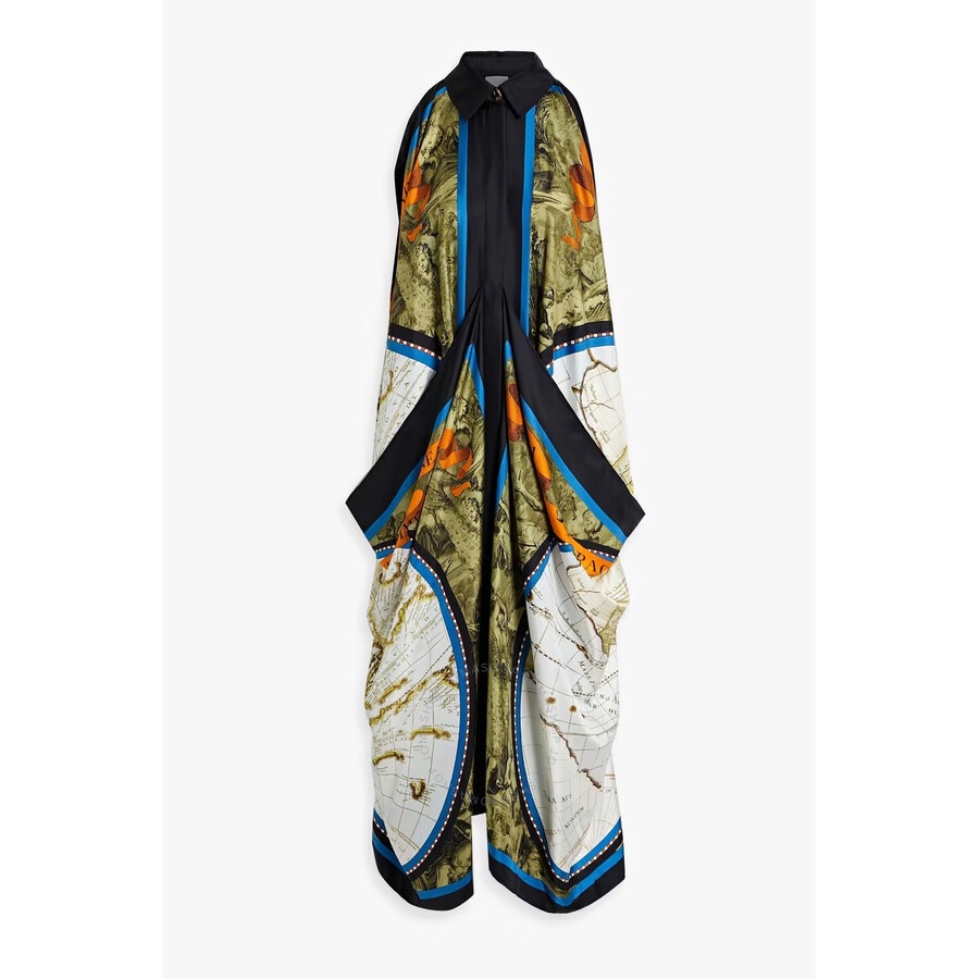Burberry Ladies Antique Green Map Print Drape Silk Dress - 2