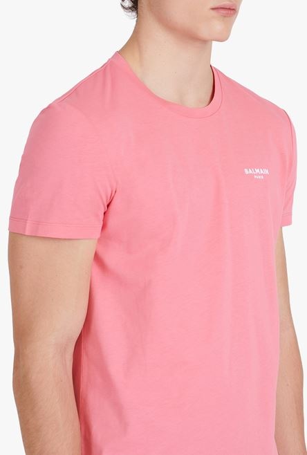 Taupe eco-designed cotton T-shirt with small flocked white Balmain Paris logo - 6