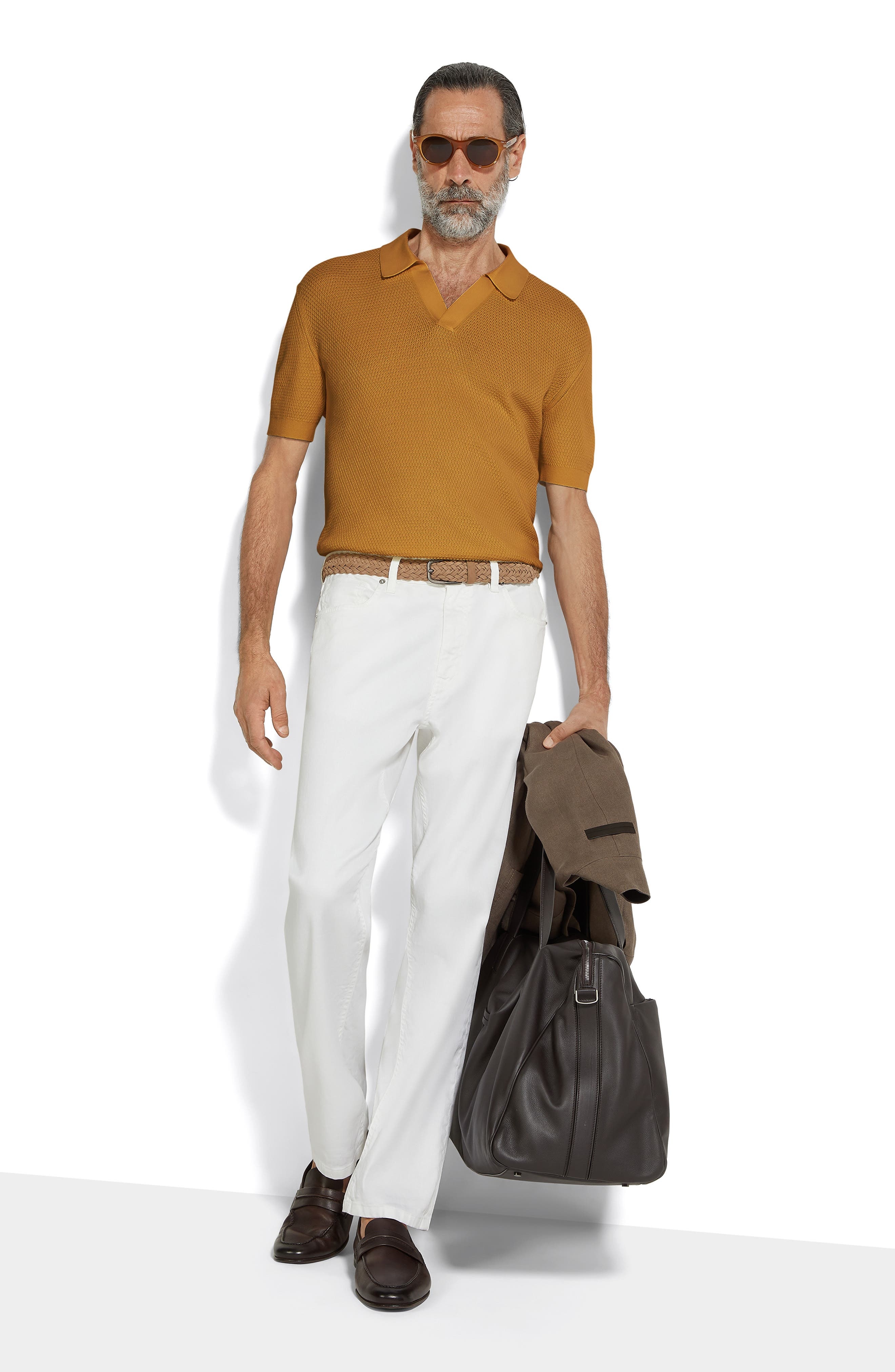 ZEGNA Premium Waffle Knit Cotton Polo Sweater in Dark Yellow Solid at Nordstrom - 5