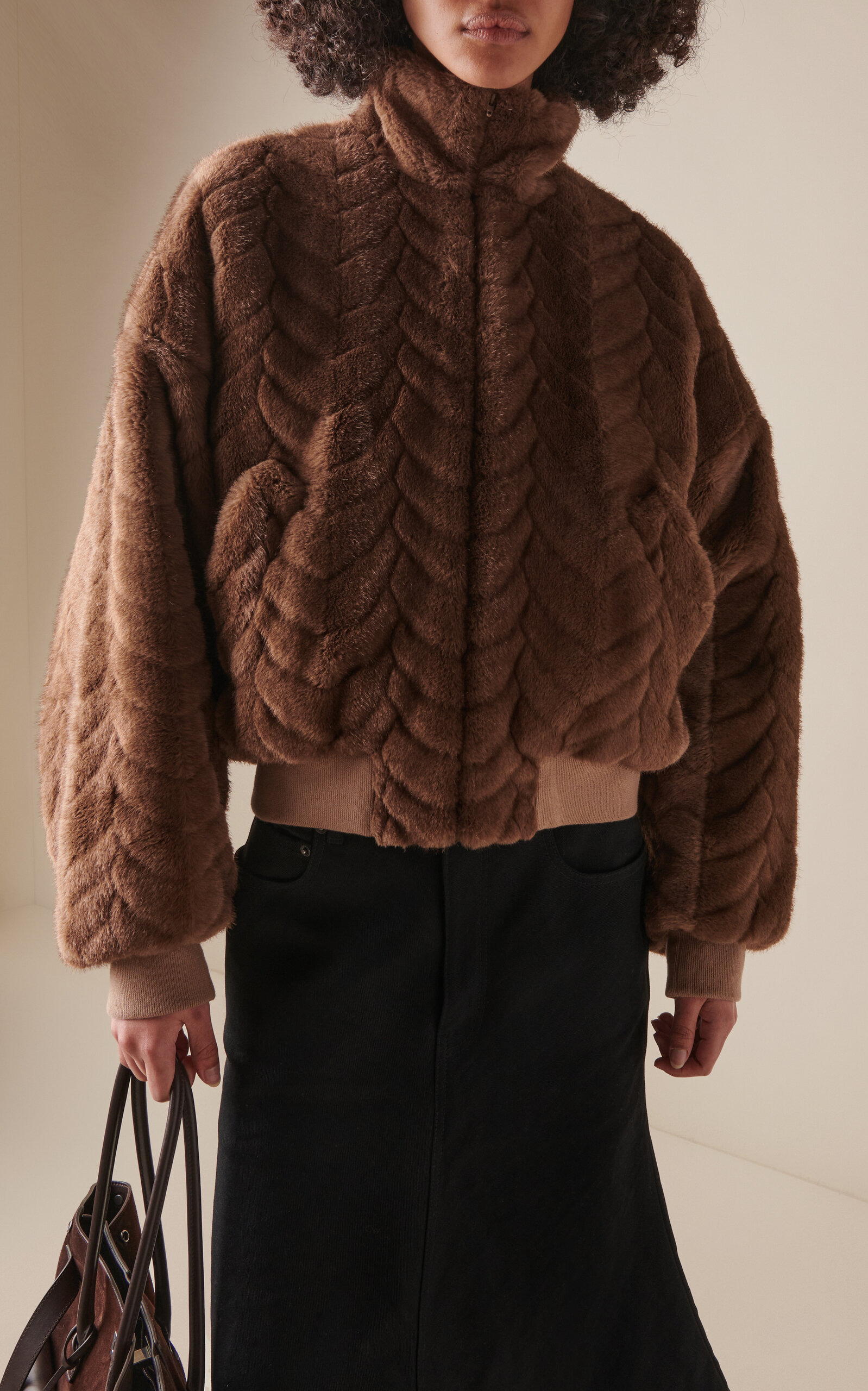 Cropped Faux Fur Bomber Jacket brown - 3