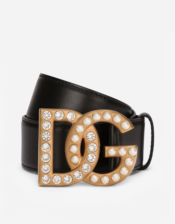 Calfskin belt with bejeweled DG logo - 1