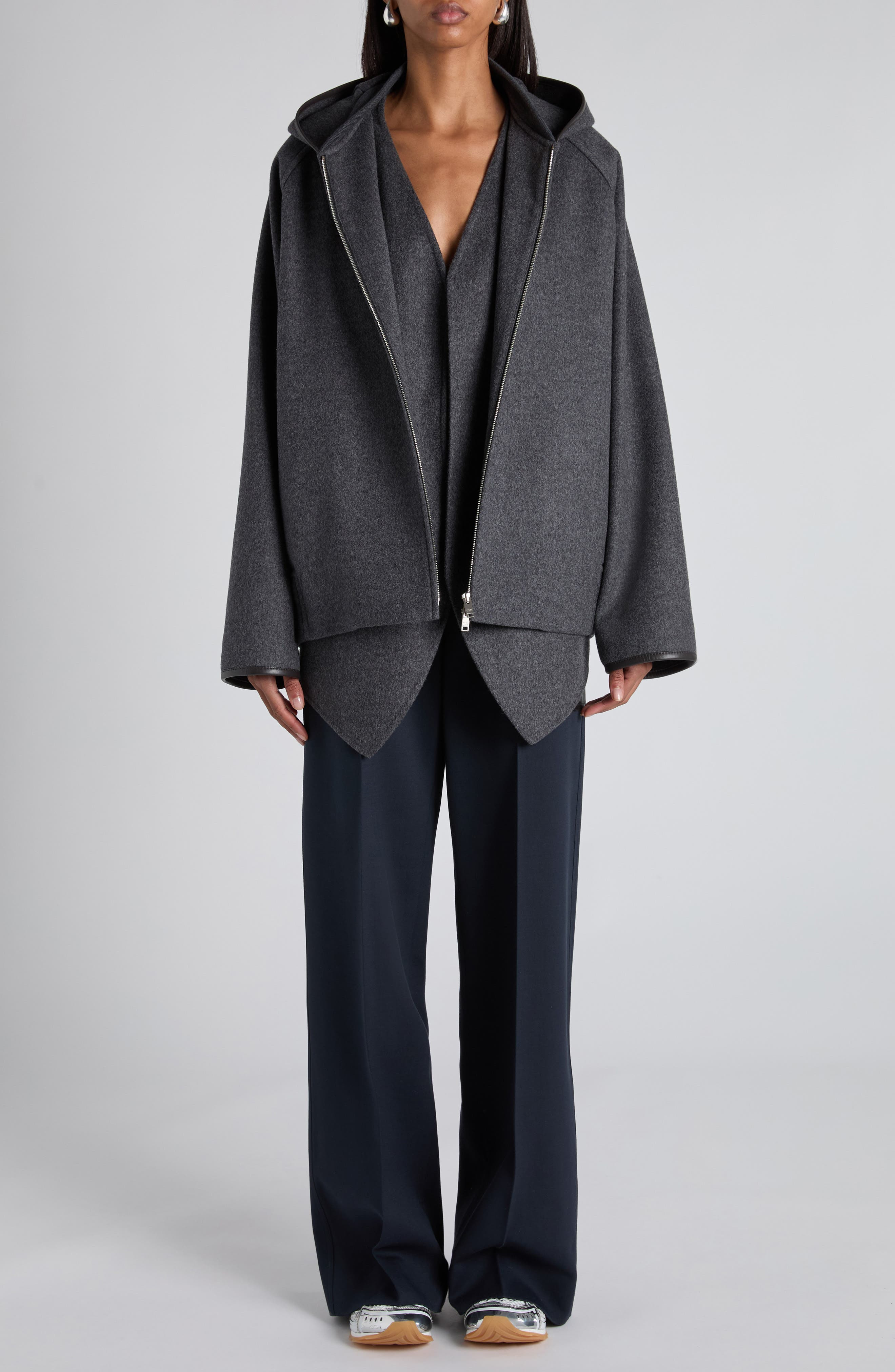 Bottega Veneta Double Face Wool Hooded Jacket in 1307 Charcoal Melange at Nordstrom - 2