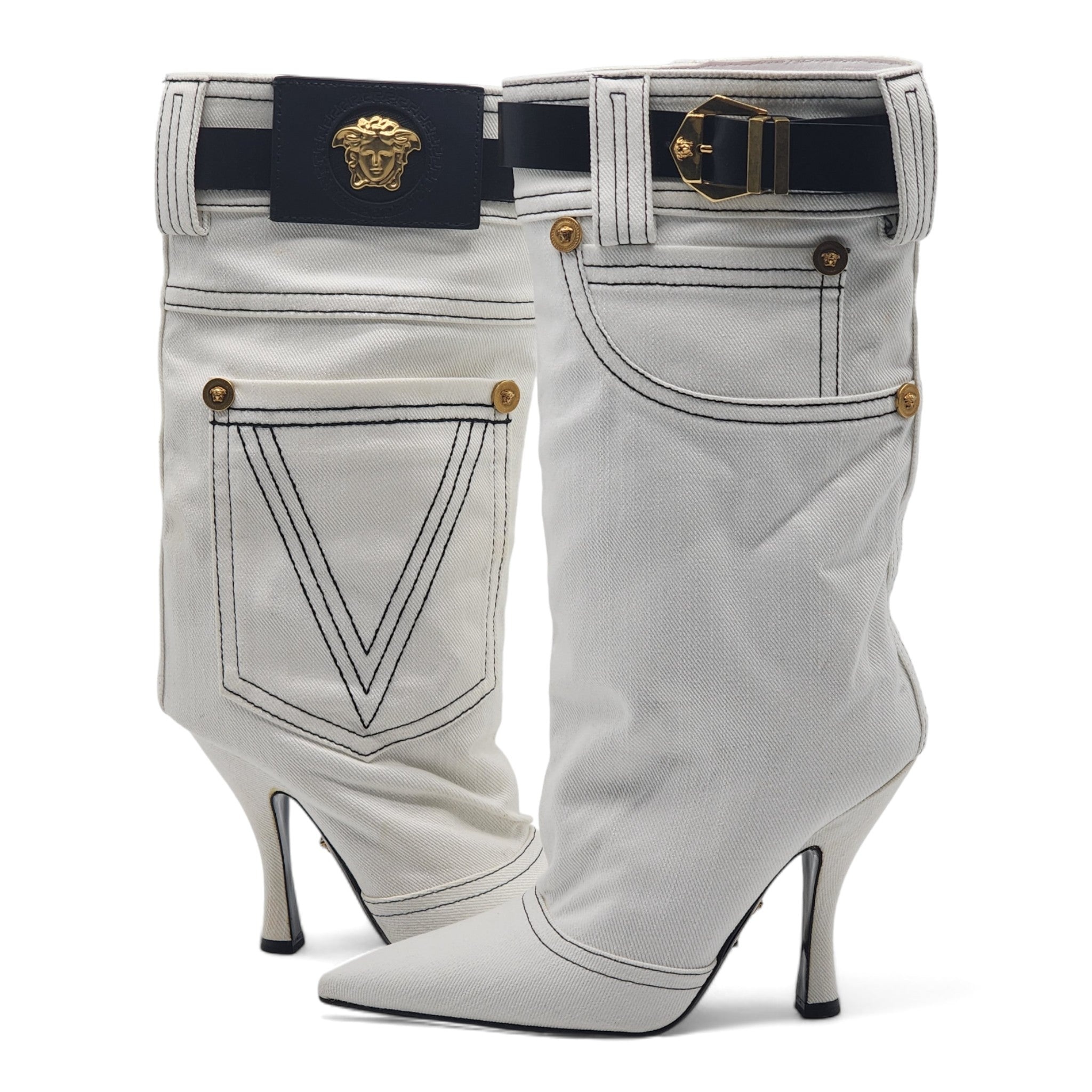Versace Denim Cowboy Boots White 36 - 12