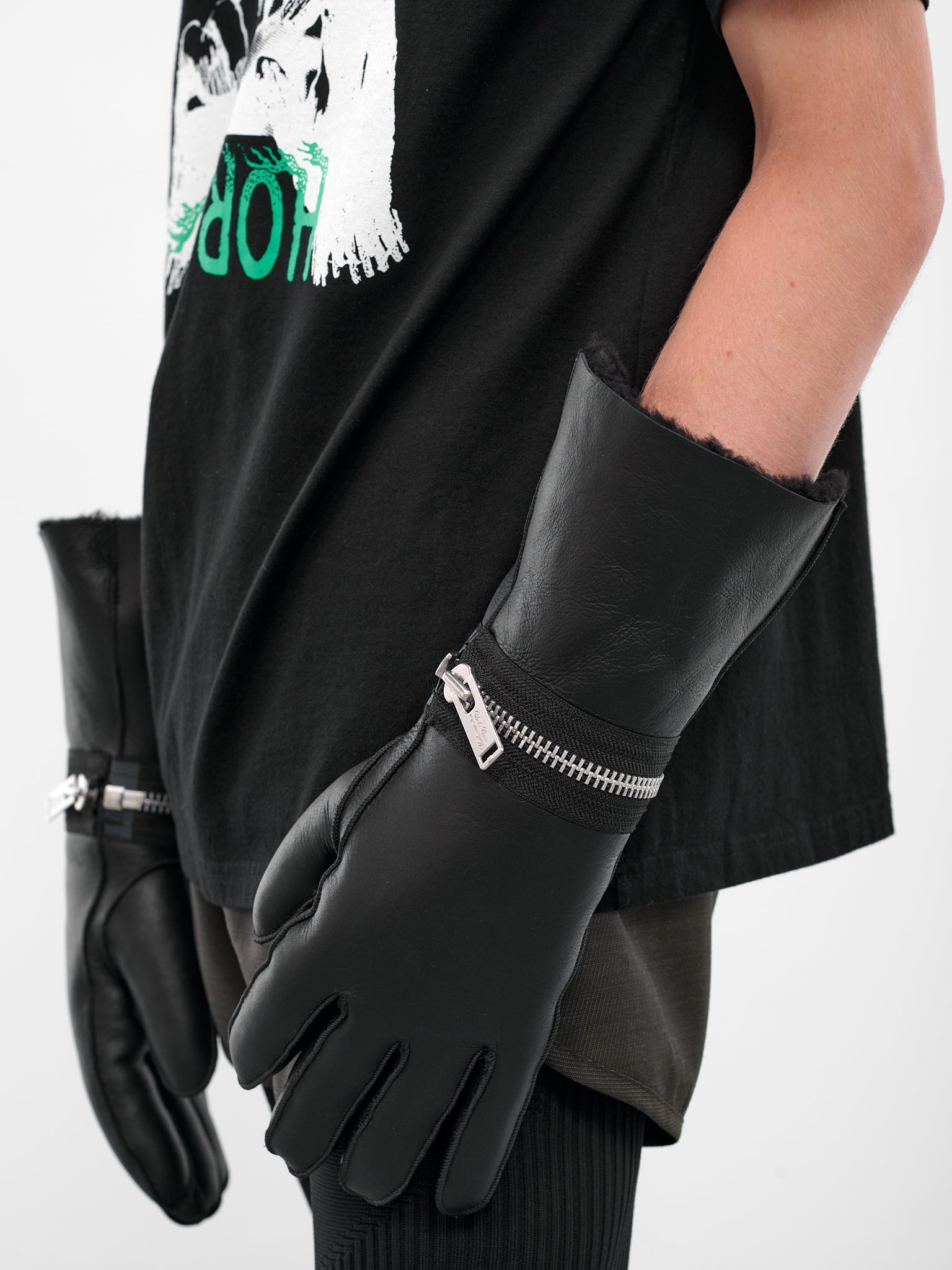 Black Lamb Leather Fur Gloves - 2