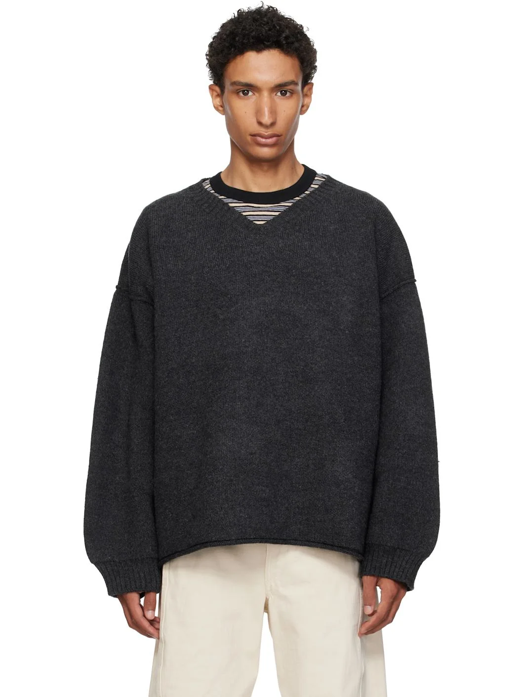 Gray V-Neck Sweater - 1