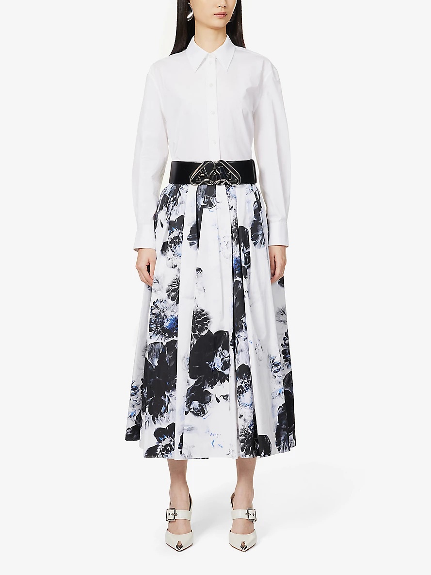 Floral-print pleated cotton midi skirt - 2