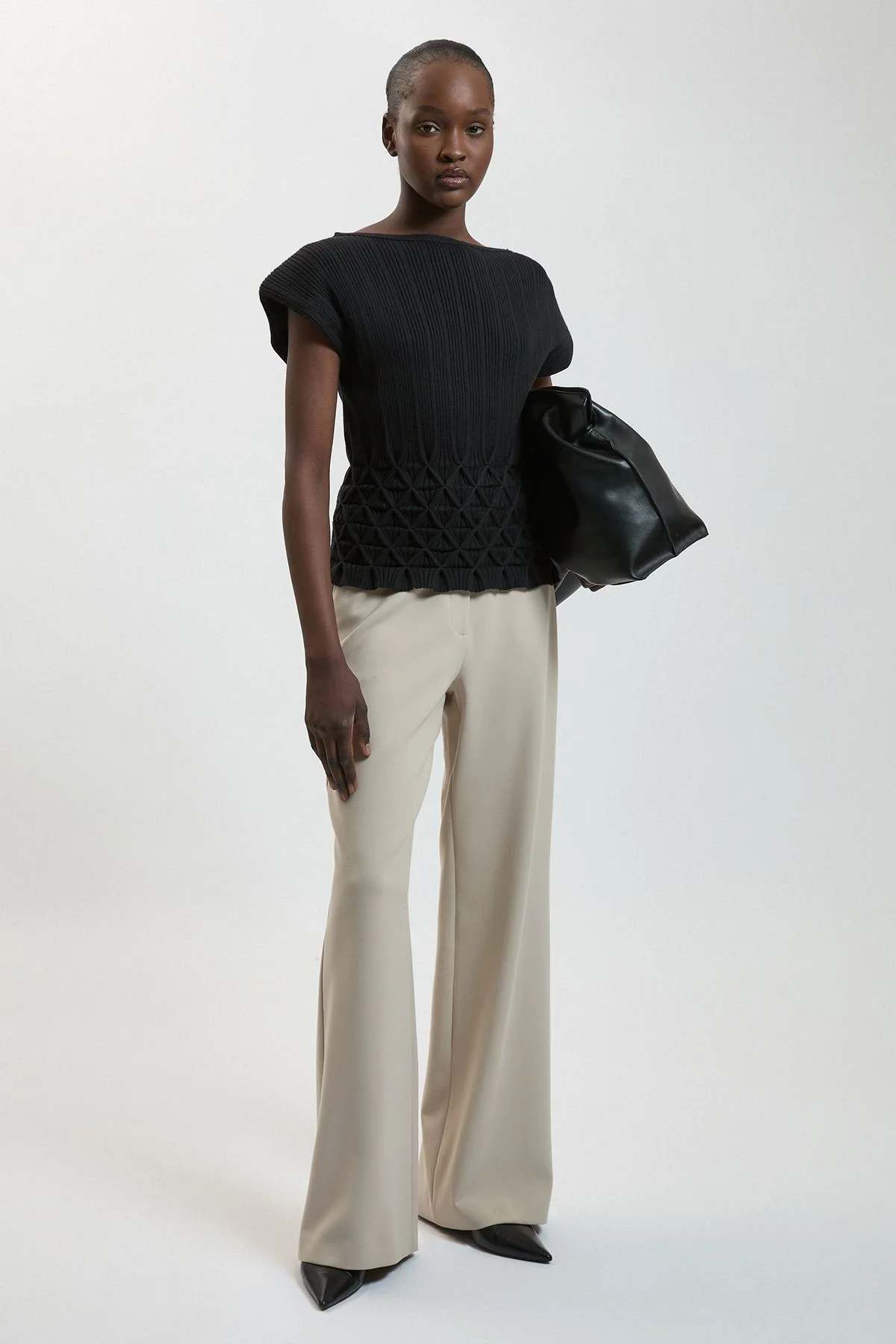 Ribbed Knit Power Shoulder Top With Manipulated Stitch Detail - 1