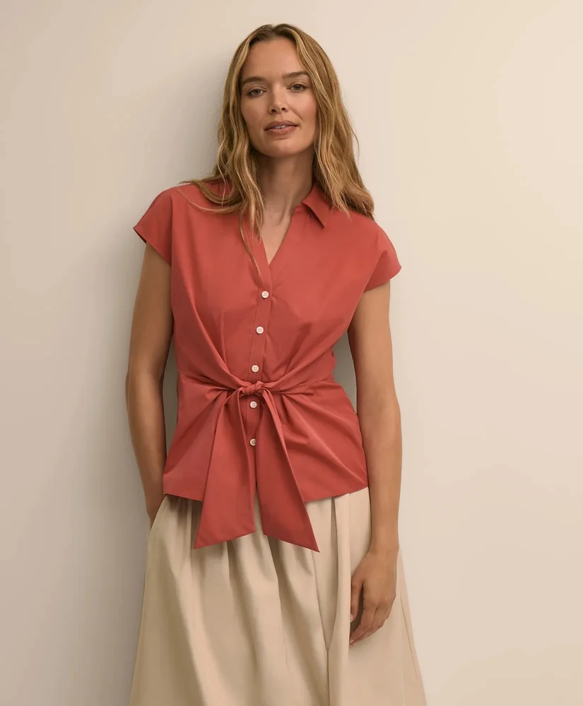 Supima® Cotton Open Point-Collar Belted Shirt - 1