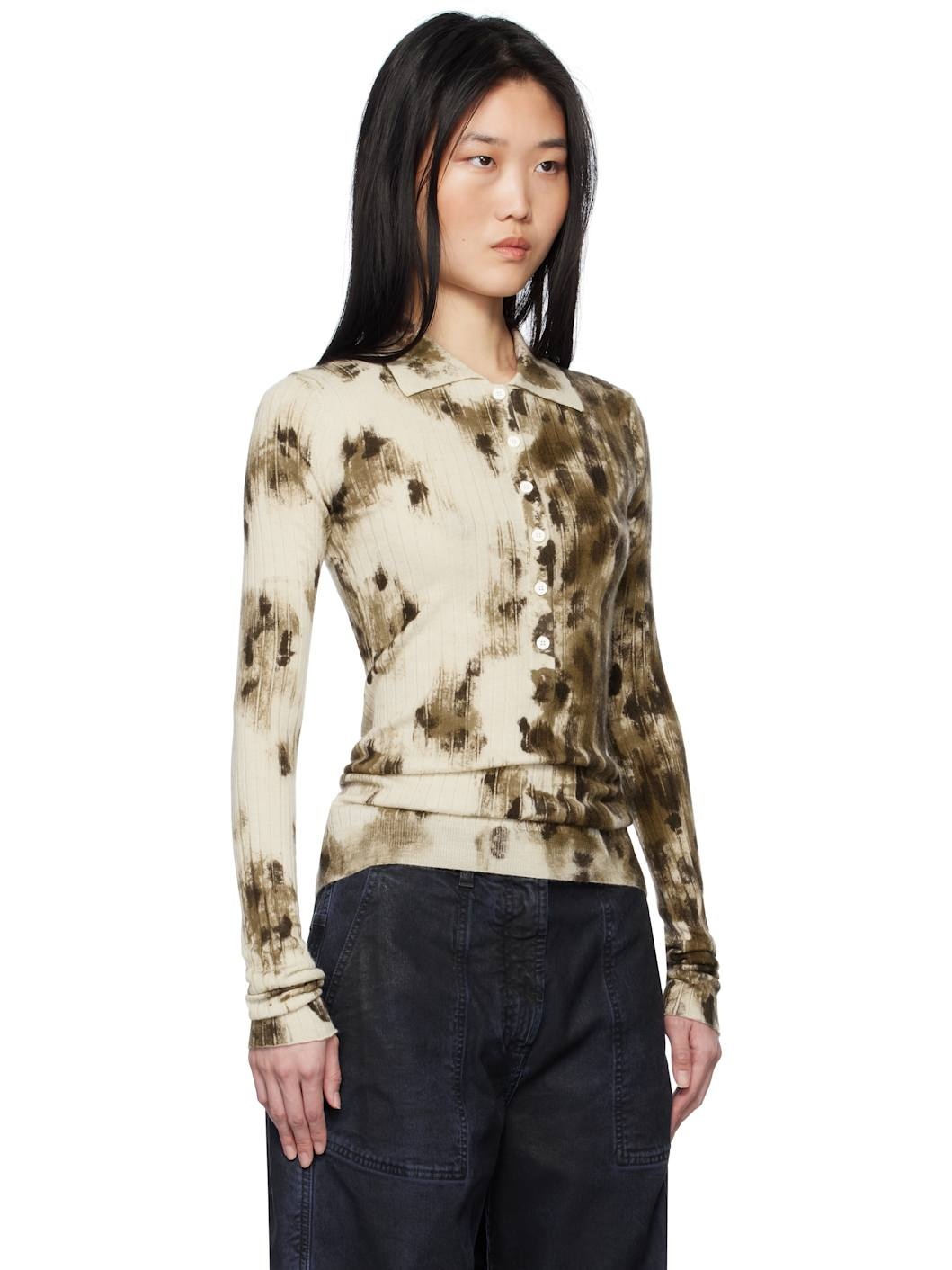 Beige & Brown Long Sleeve Animal Print Polo - 2