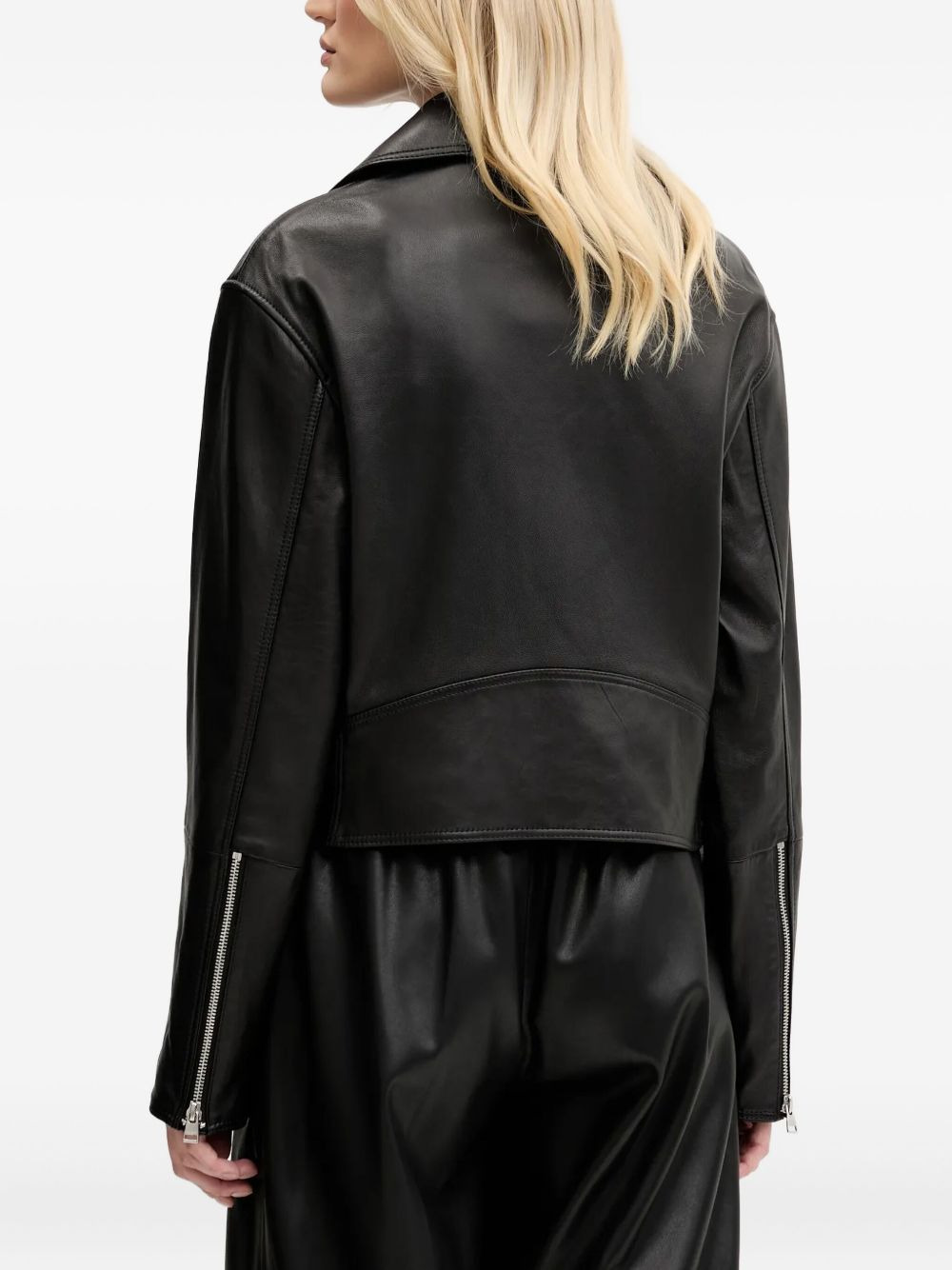 zipped leather biker jacket - 3
