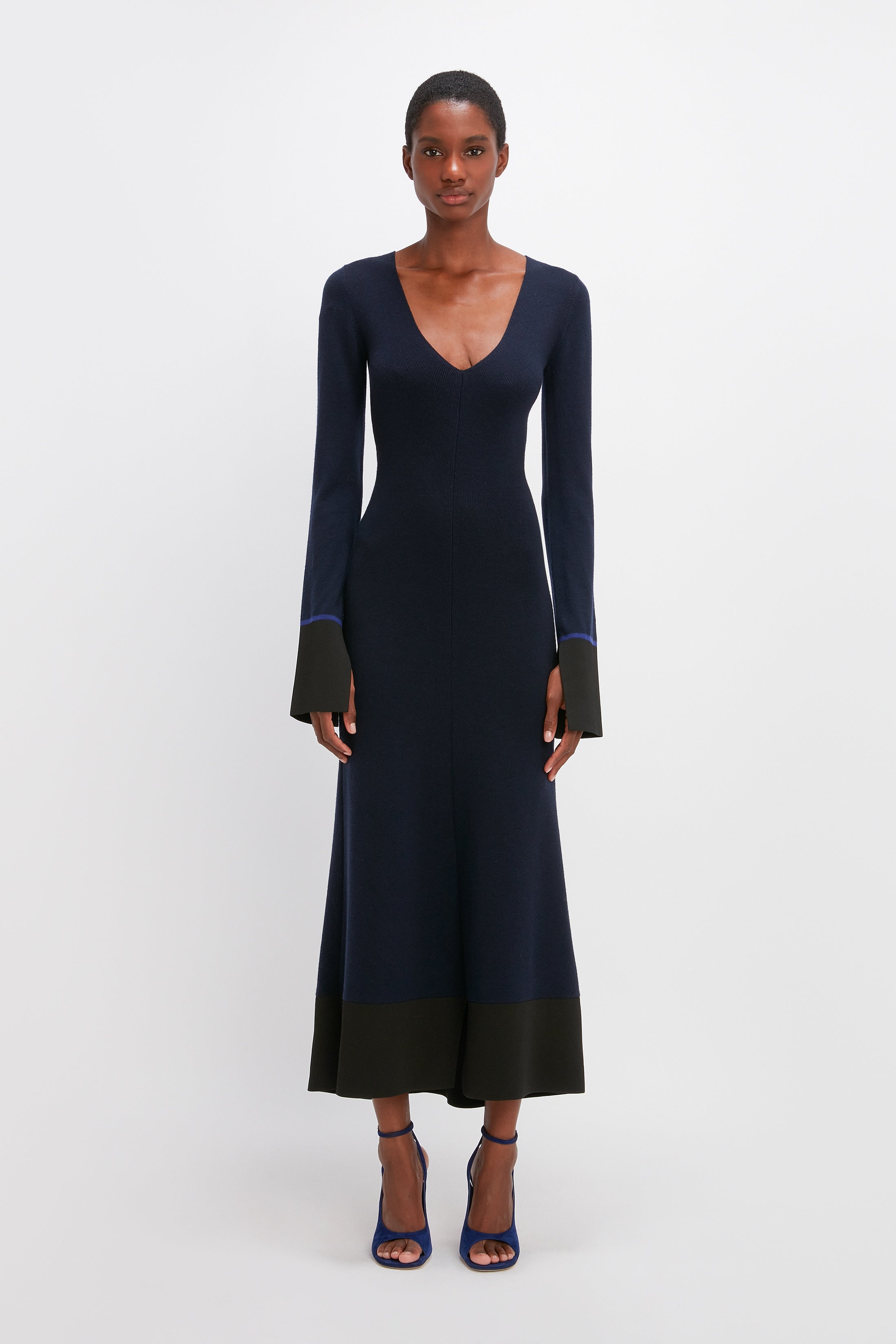 V Neck Knitted Dress in Navy - 2