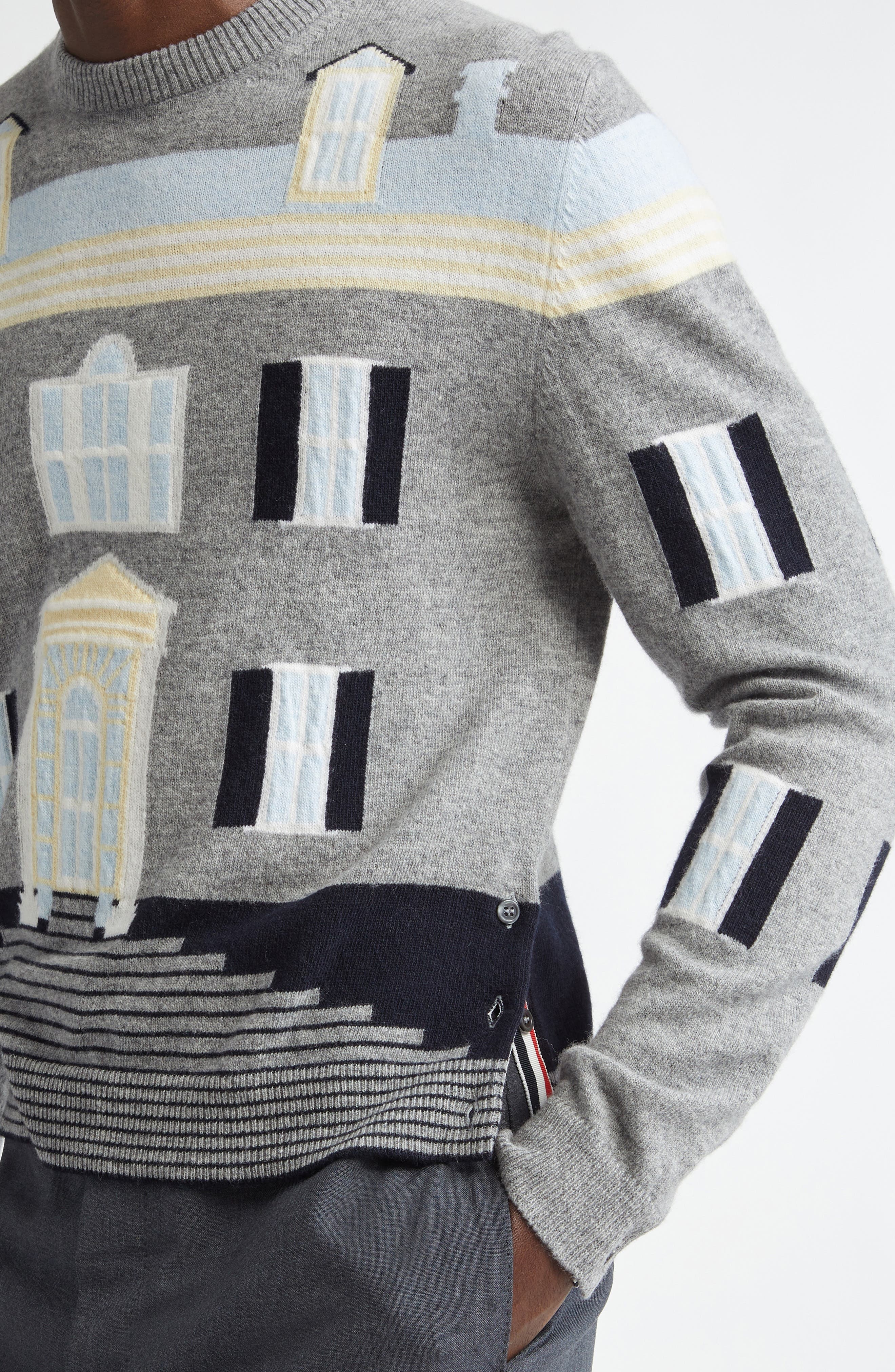 Thom Browne House Intarsia Virgin Wool Sweater in Light Grey at Nordstrom - 5