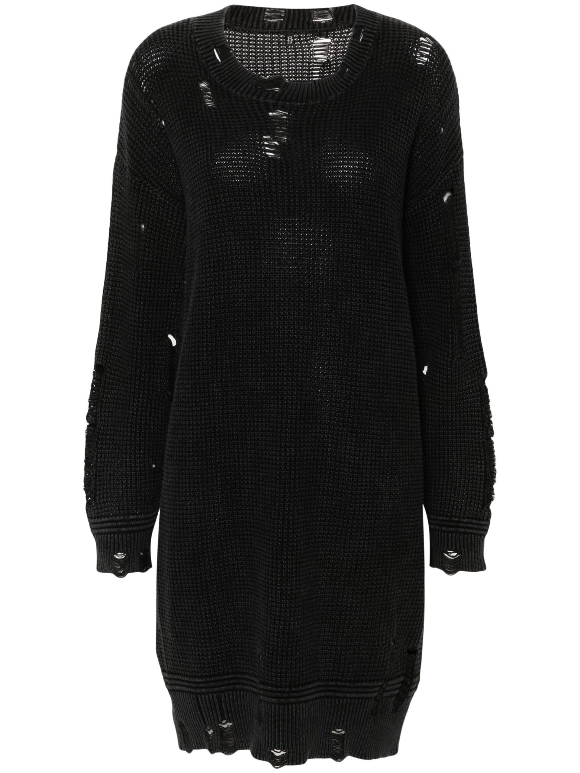 Black Distressed Knitted Cotton Dress - 1