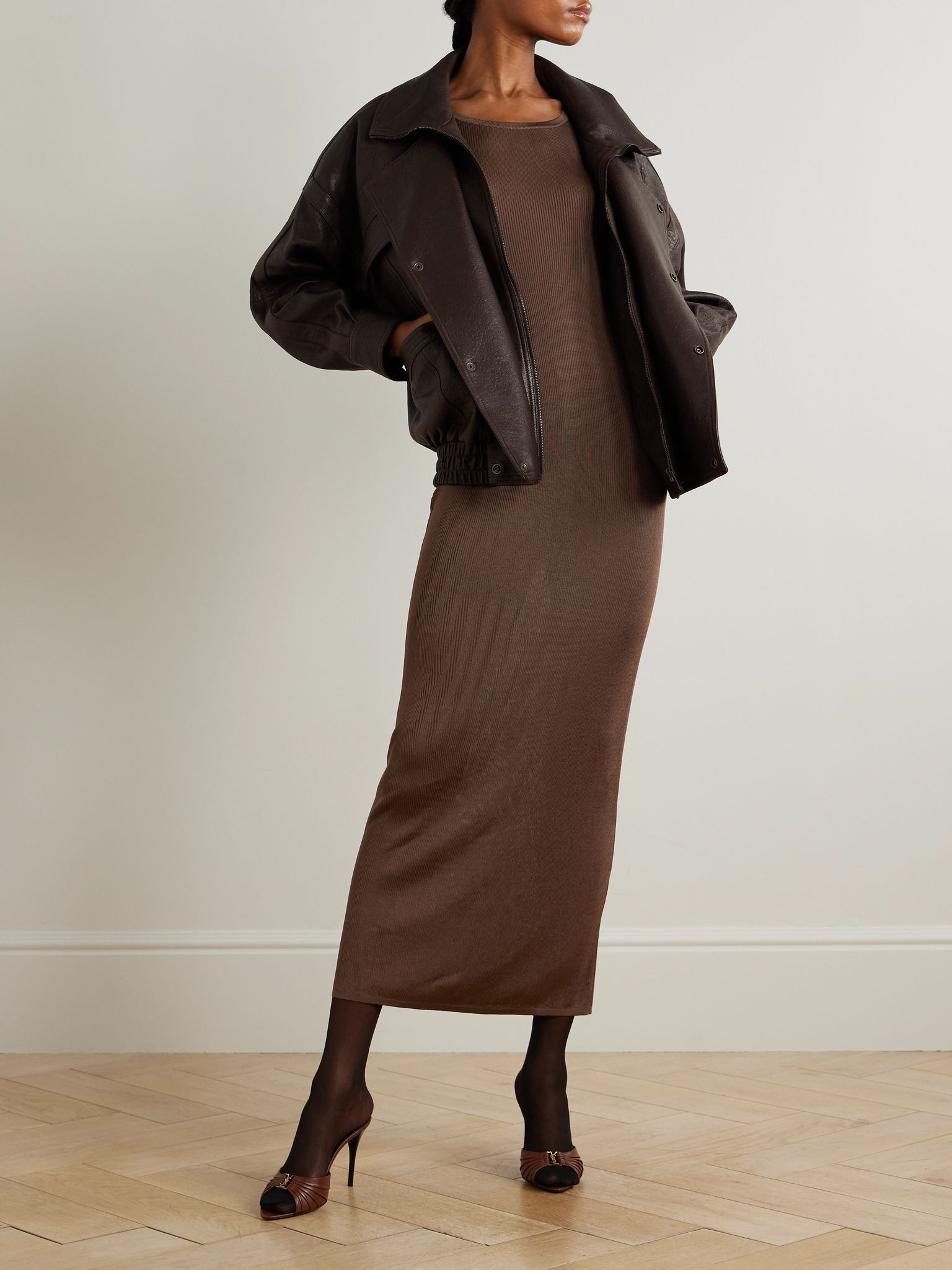 Ribbed-knit midi dress Brown - 2