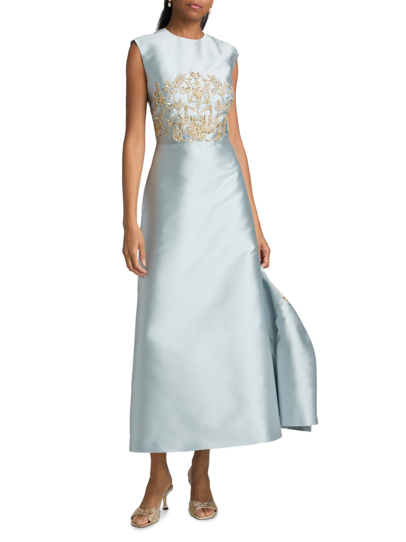 Women's Embroidered Piqué Cocktail Dress - Powder Blue Gold 3