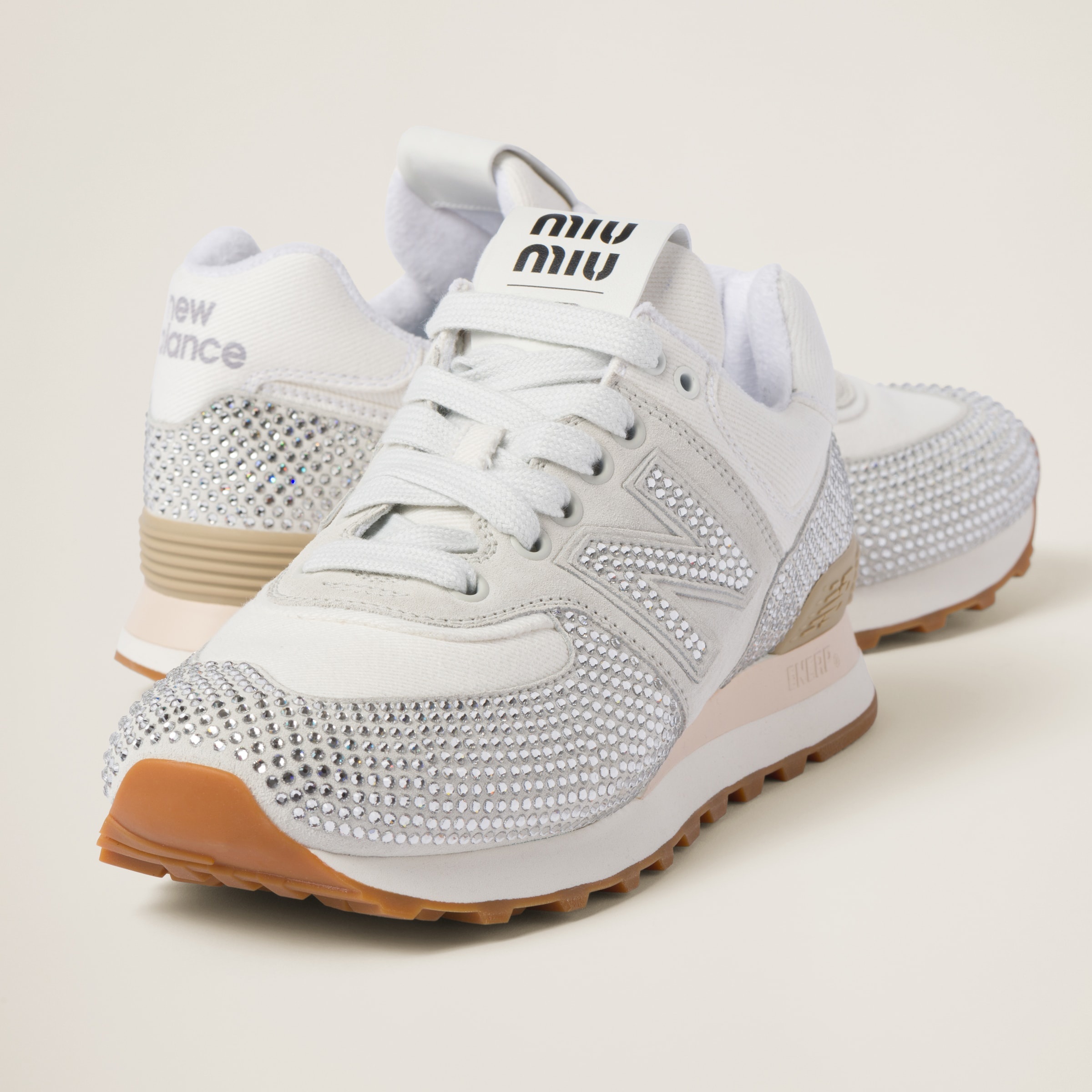 574 New Balance x Miu Miu suede and denim sneakers