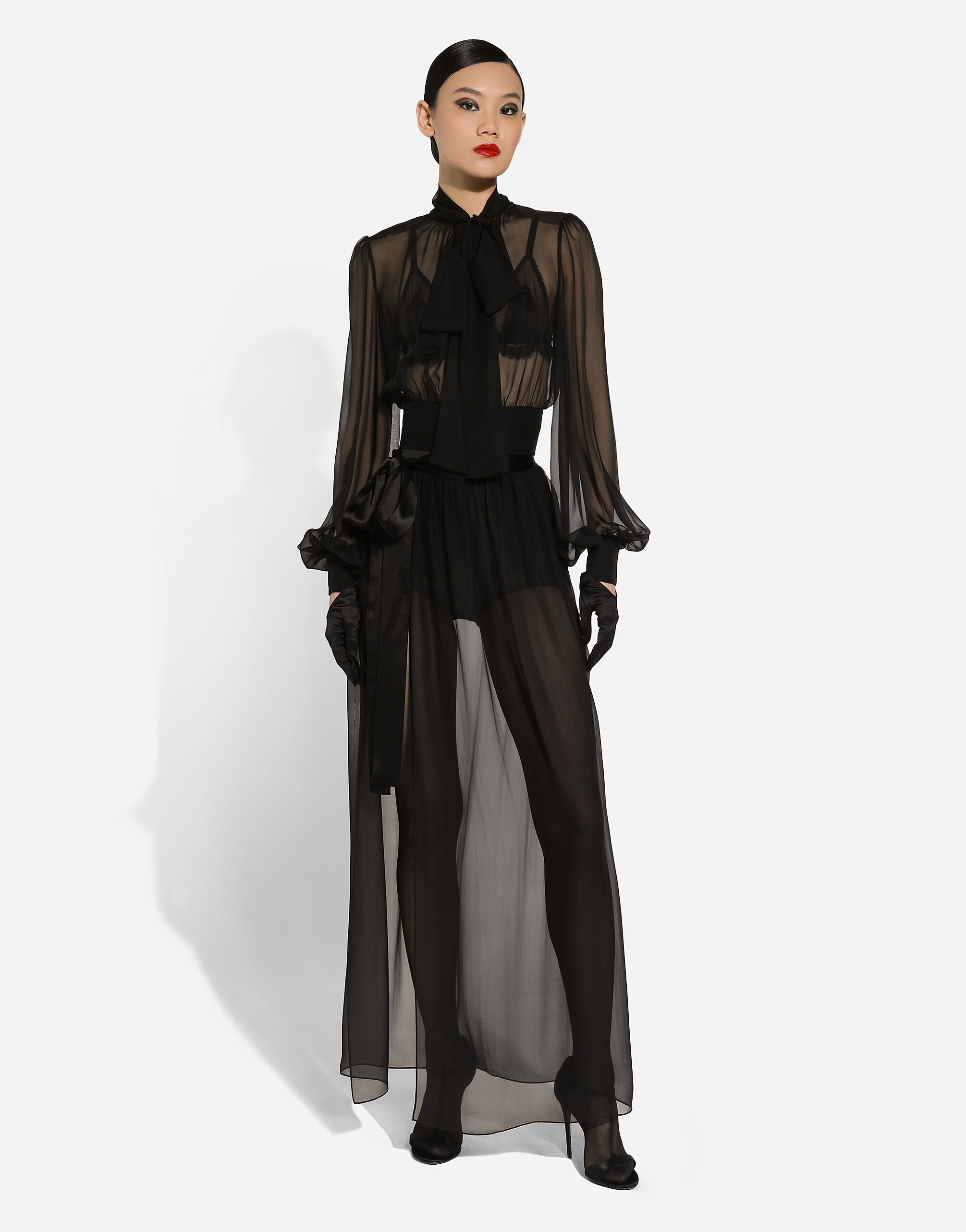 Long silk chiffon skirt with belt - 3