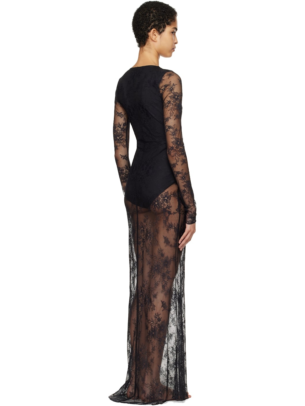 Black Ultra Fine Lace Plunge Long Maxi Dress - 3