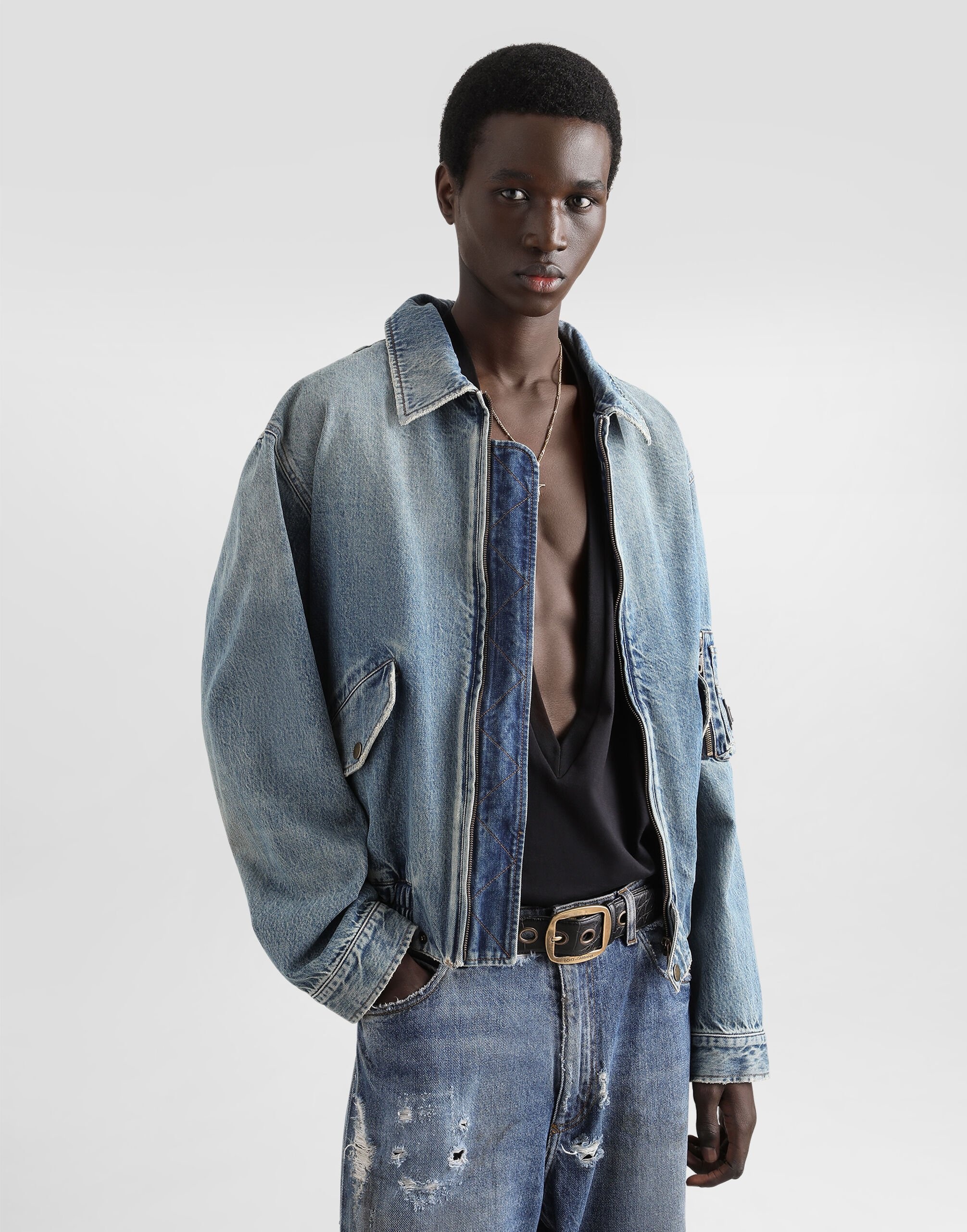Cotton denim bomber jacket with tag - 5