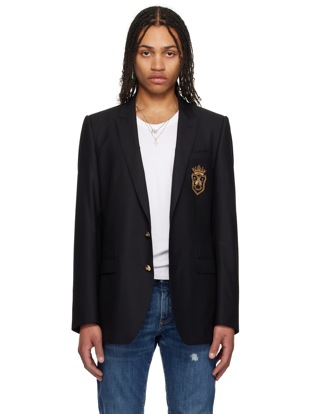 Black Patch Single-Breasted Wool & Silk Blazer - 1