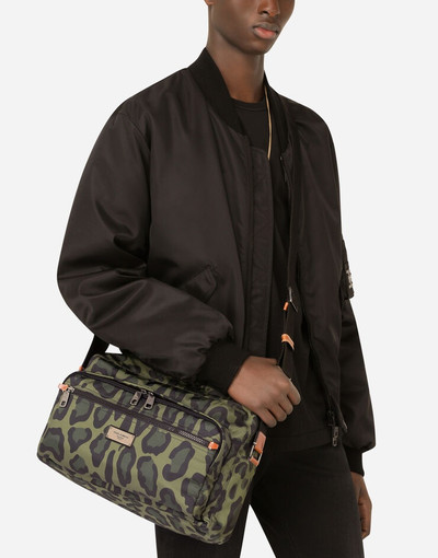 Dolce & Gabbana Nylon messenger bag with a leopard print against a green background and branded plate outlook