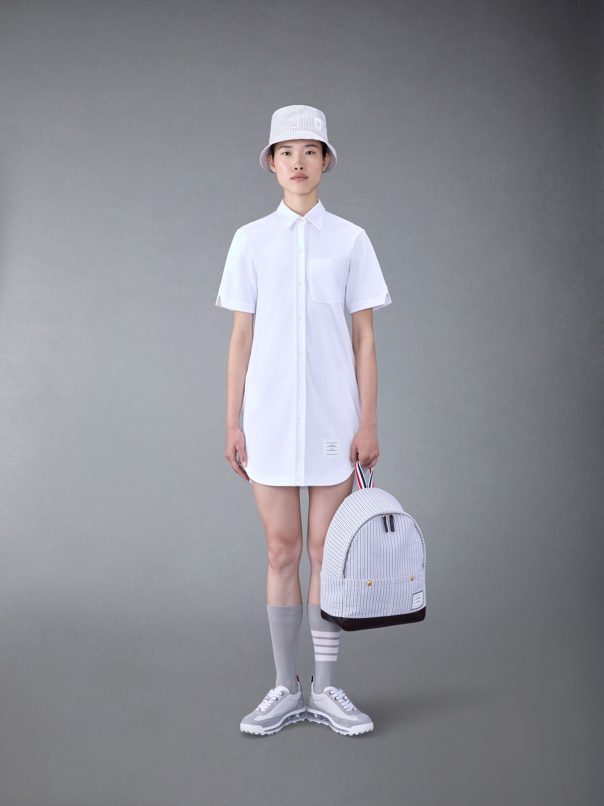 ワンピース THOM BROWNE WHITE PIQUET MINI SHIRT DRESS Thom Browne Striped Cotton-Piqué Mini Shirt Dress in White