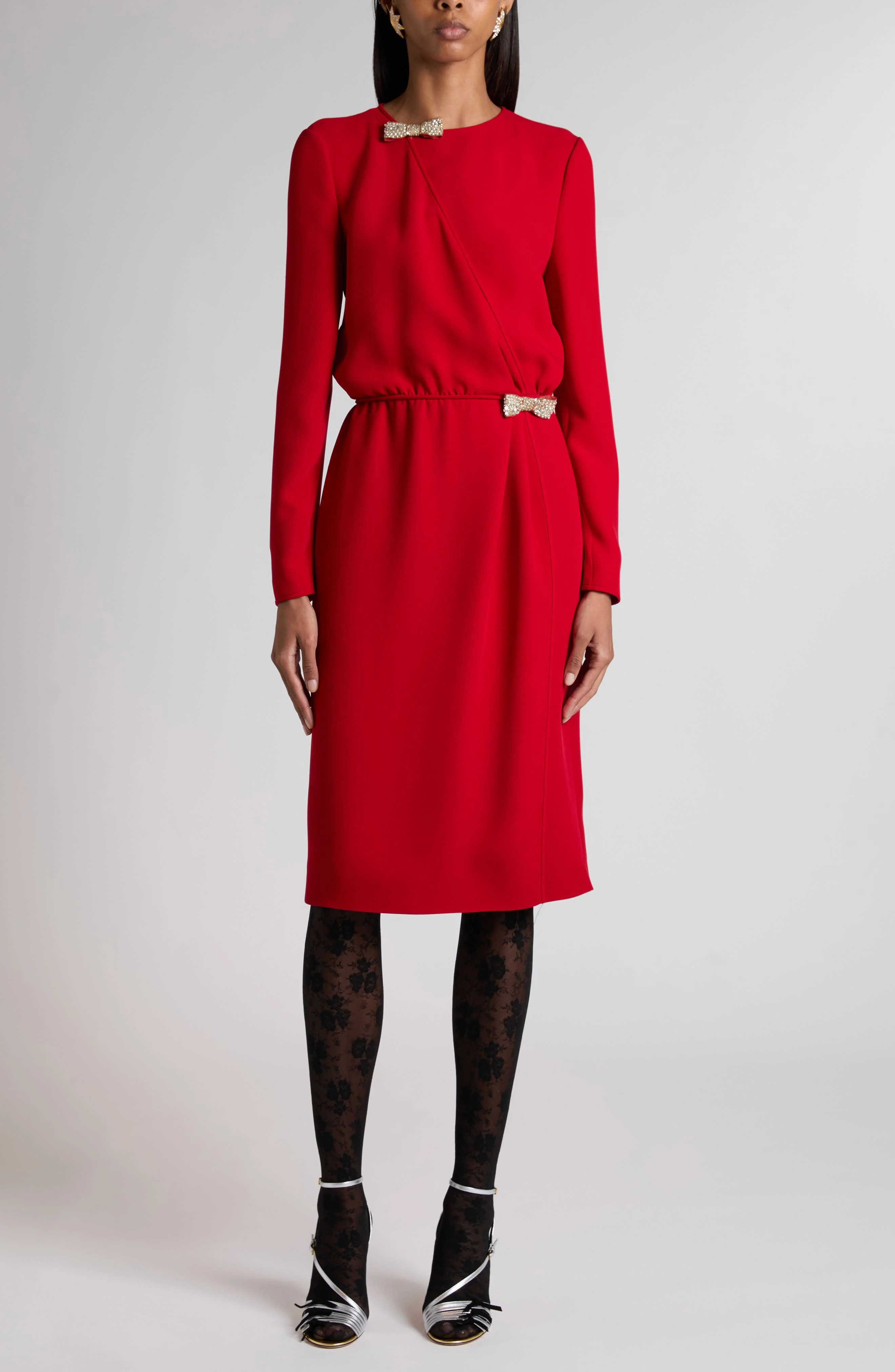 Valentino Crystal Bow Detail Long Sleeve Silk Cady Couture Dress in Red at Nordstrom - 1
