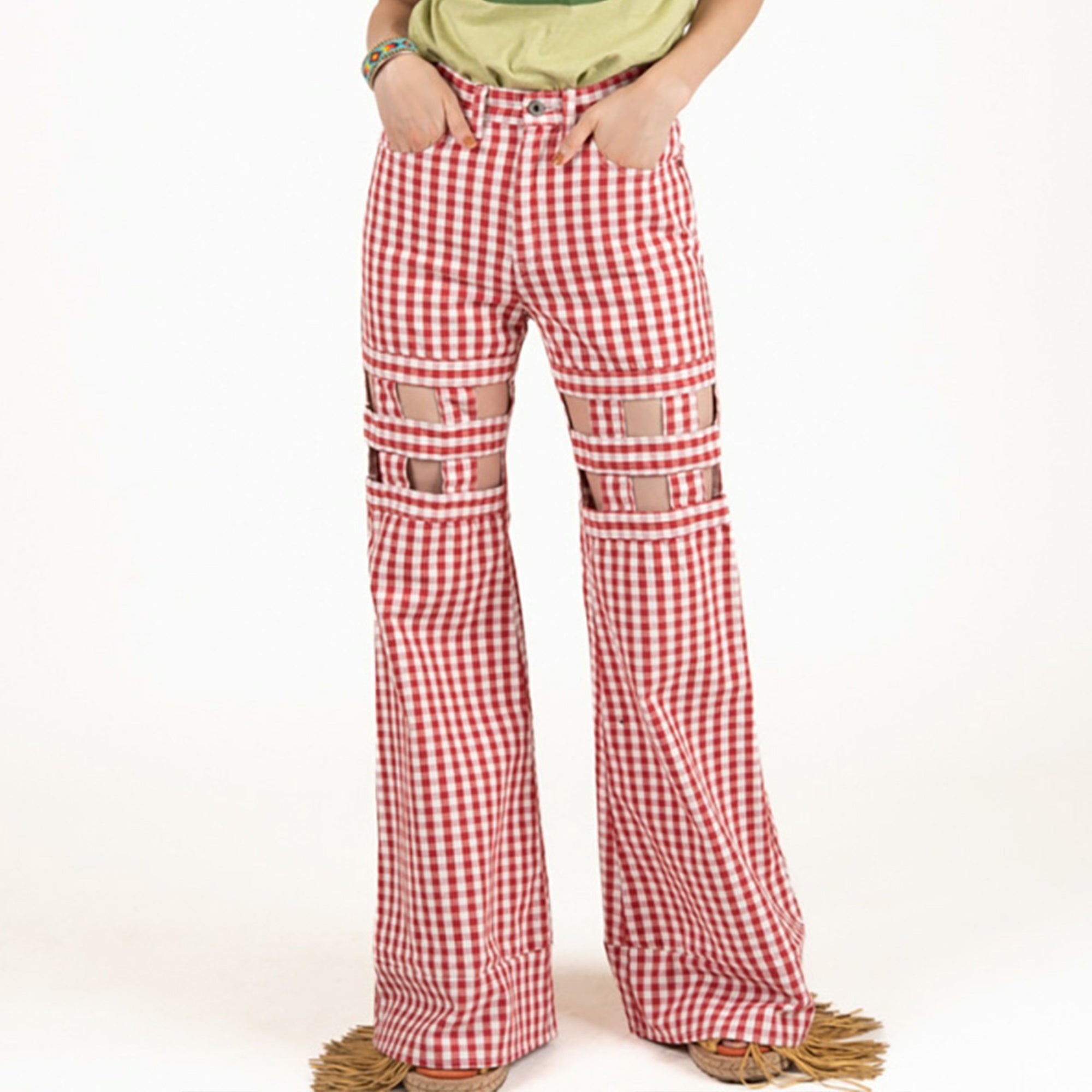 CANVAS GINGHAM CHECK 5P WINDOWPANE FLARE PANTS LADIES - 2