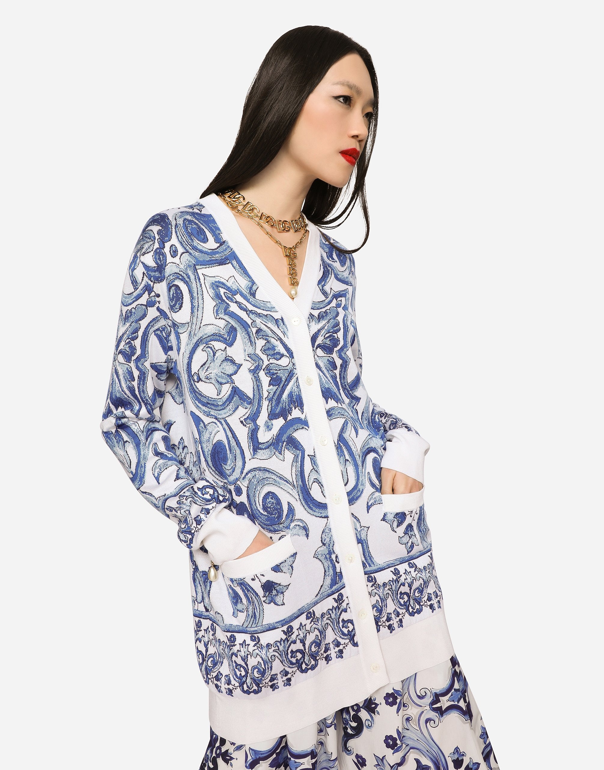 Majolica-design silk jacquard cardigan - 5