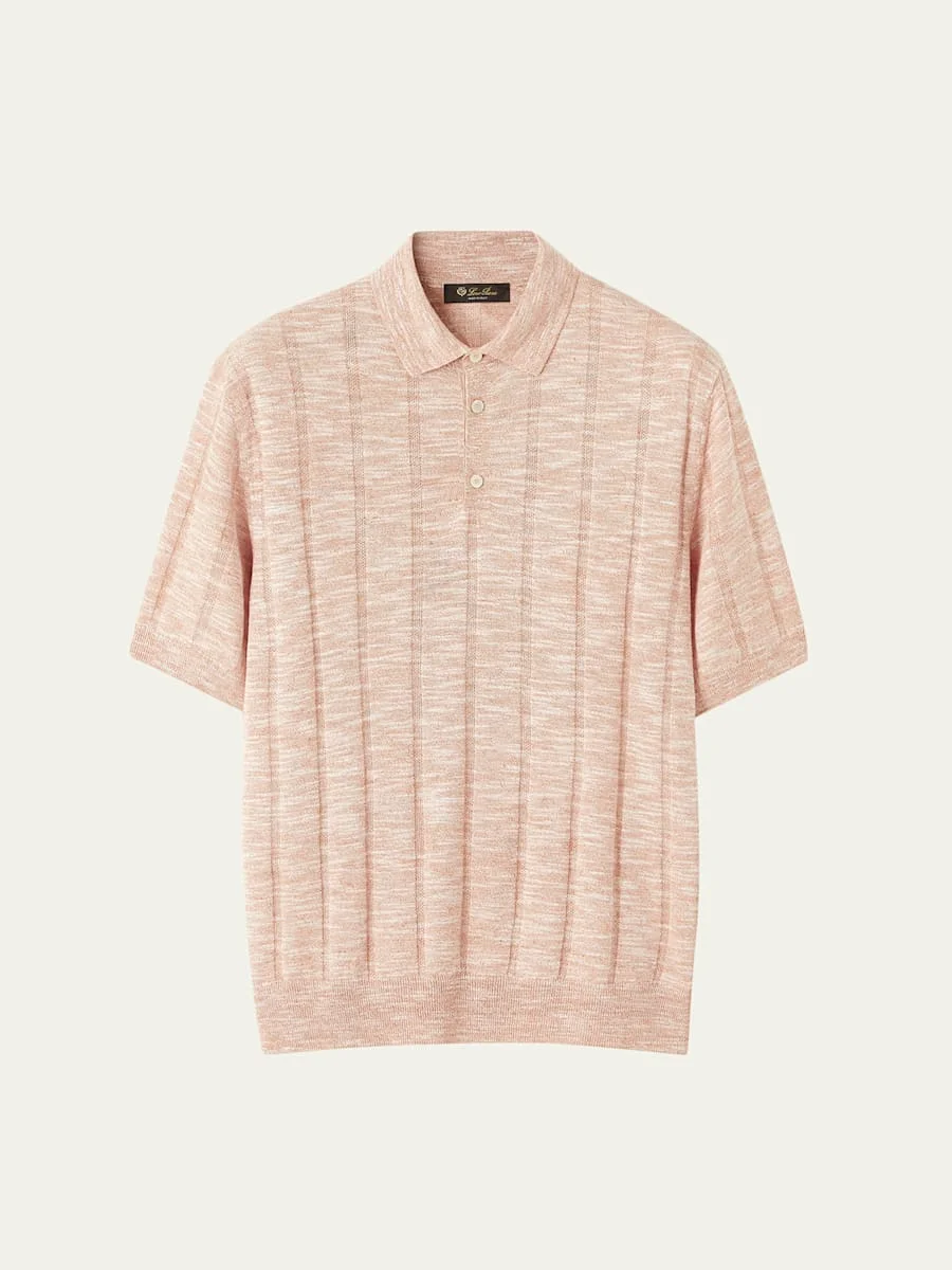 Men's Linen and Silk Wide-Rib Short-Sleeve Polo Sweater - 1