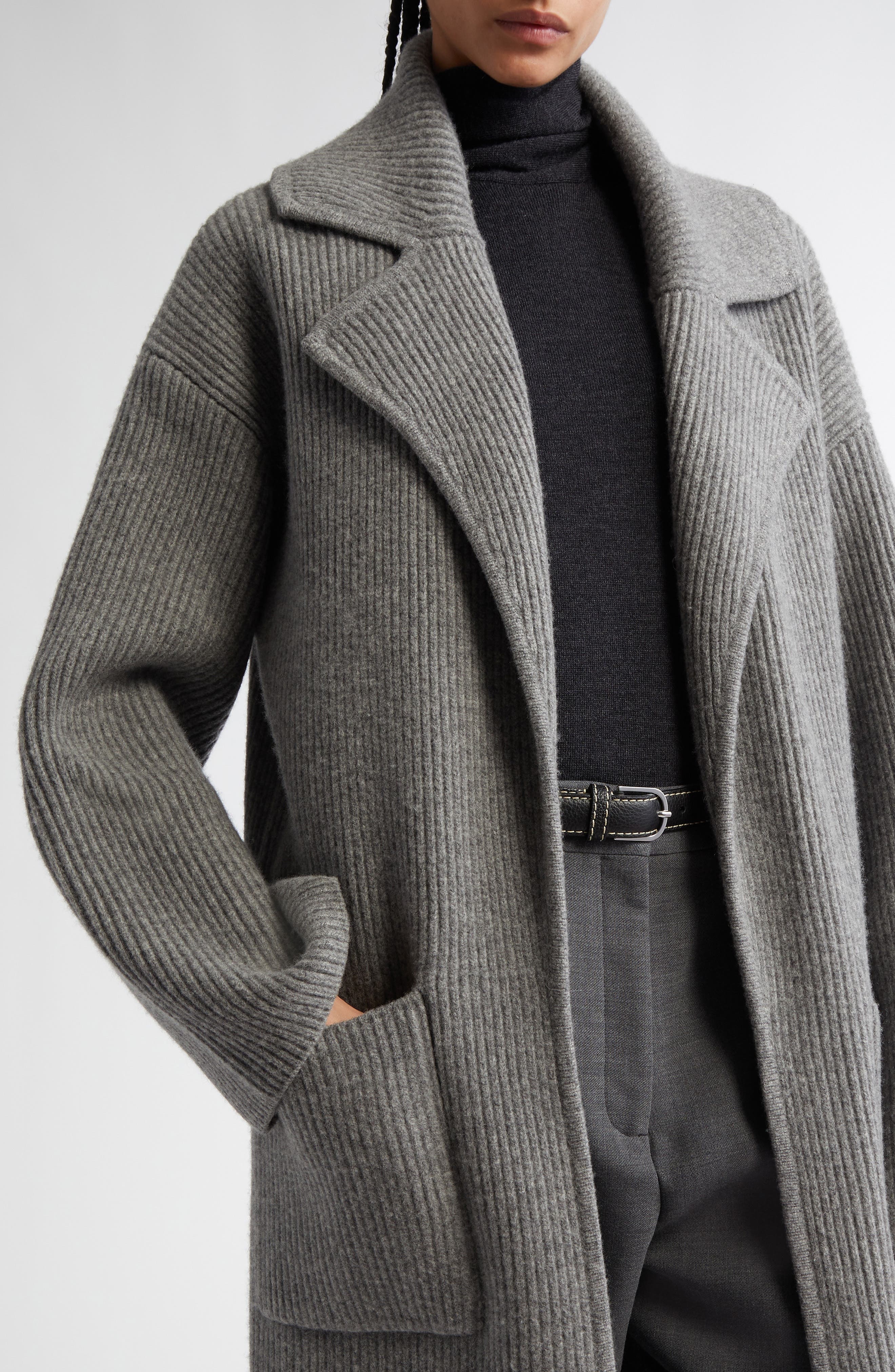 TOTEME Wool Blend Rib Cardigan Coat in Grey Melange at Nordstrom - 5