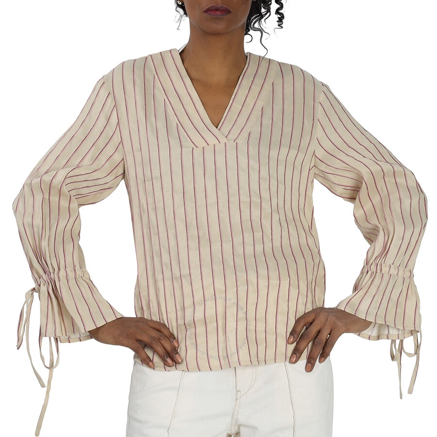 Benjamin Benmoyal - Benjamin Benmoyal Ladies Beige Stiped Linen V Collar Shirt - 3