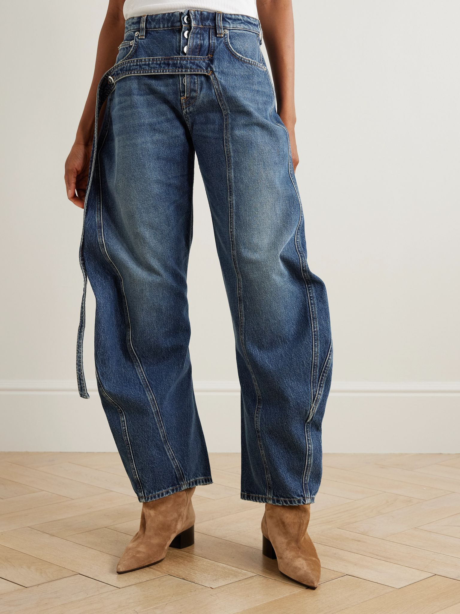 Strap-detailed paneled high-rise wide-leg jeans Blue - 3