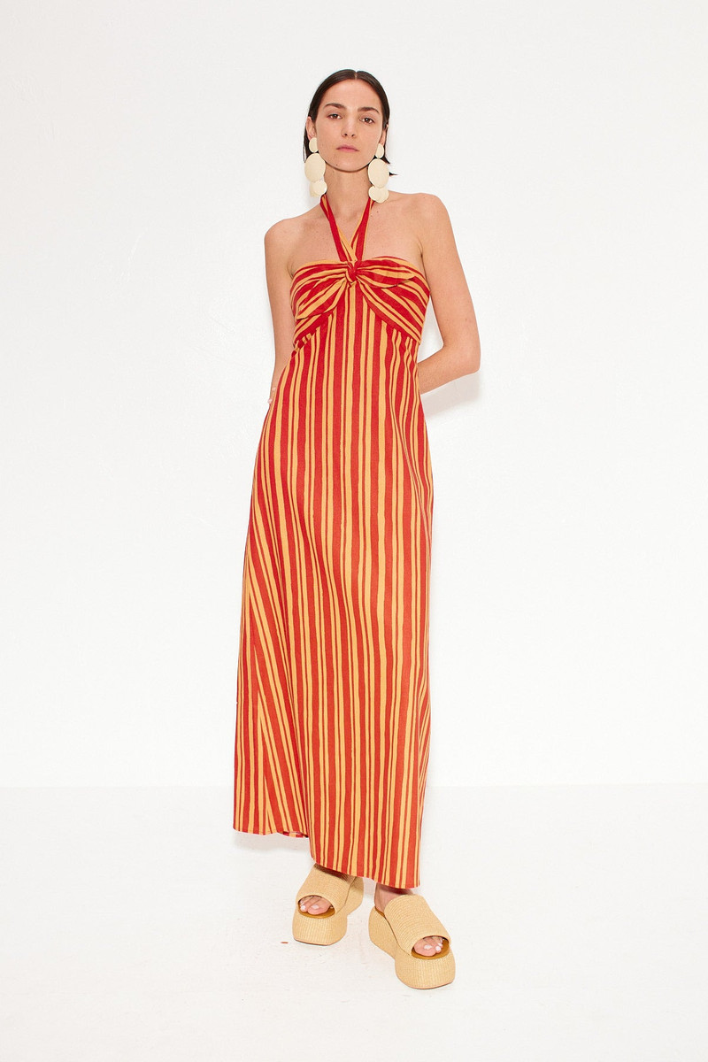 Del Linen Dress In Retro Red Orange Stripe 4