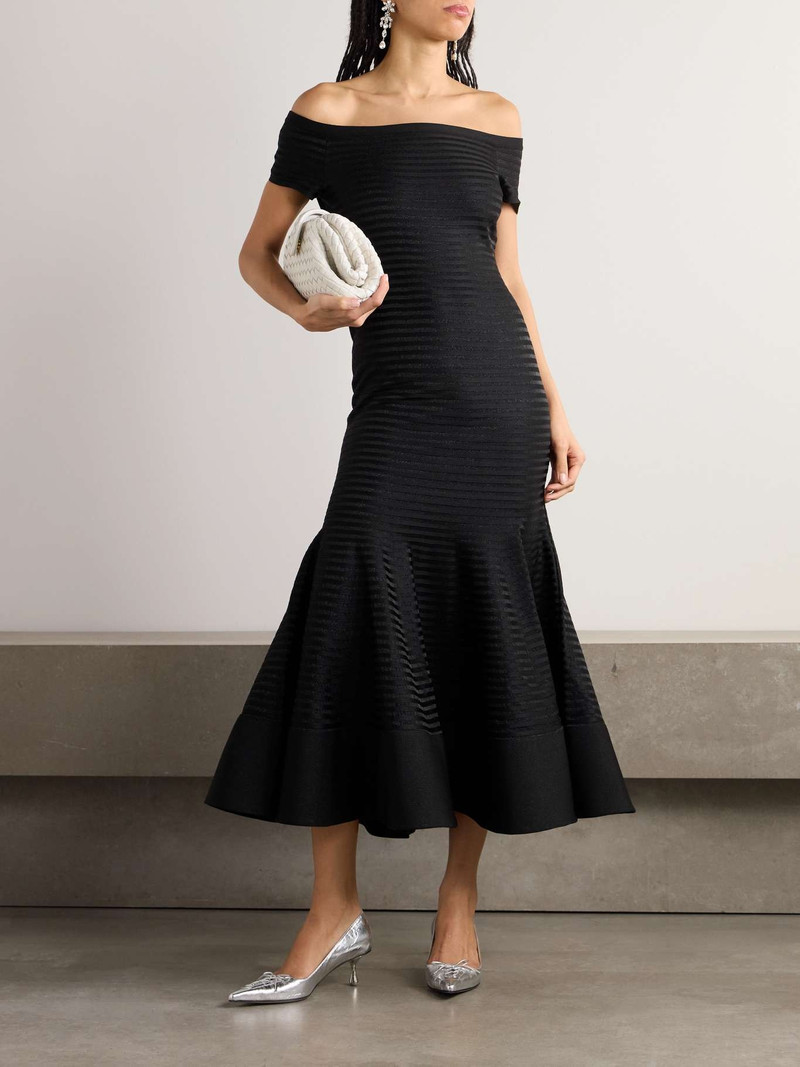 CAROLINA HERRERA Off-the-shoulder striped metallic knitted midi dress Black outlook