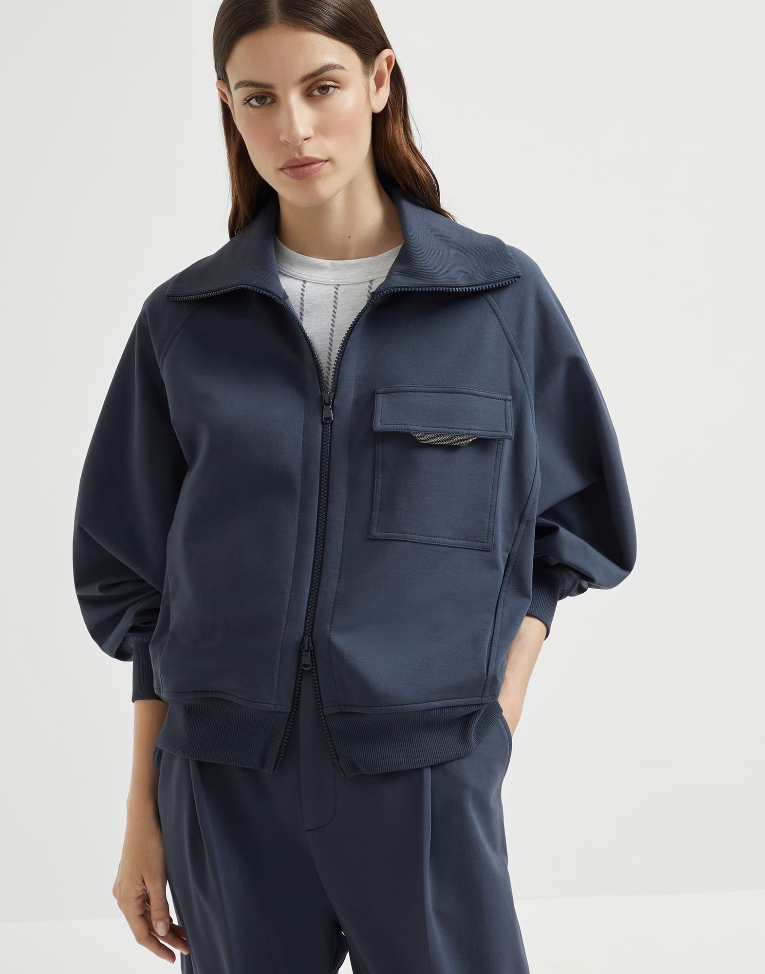 Stretch cotton lightweight French terry sweatshirt with zip and shiny flap detail - 4
