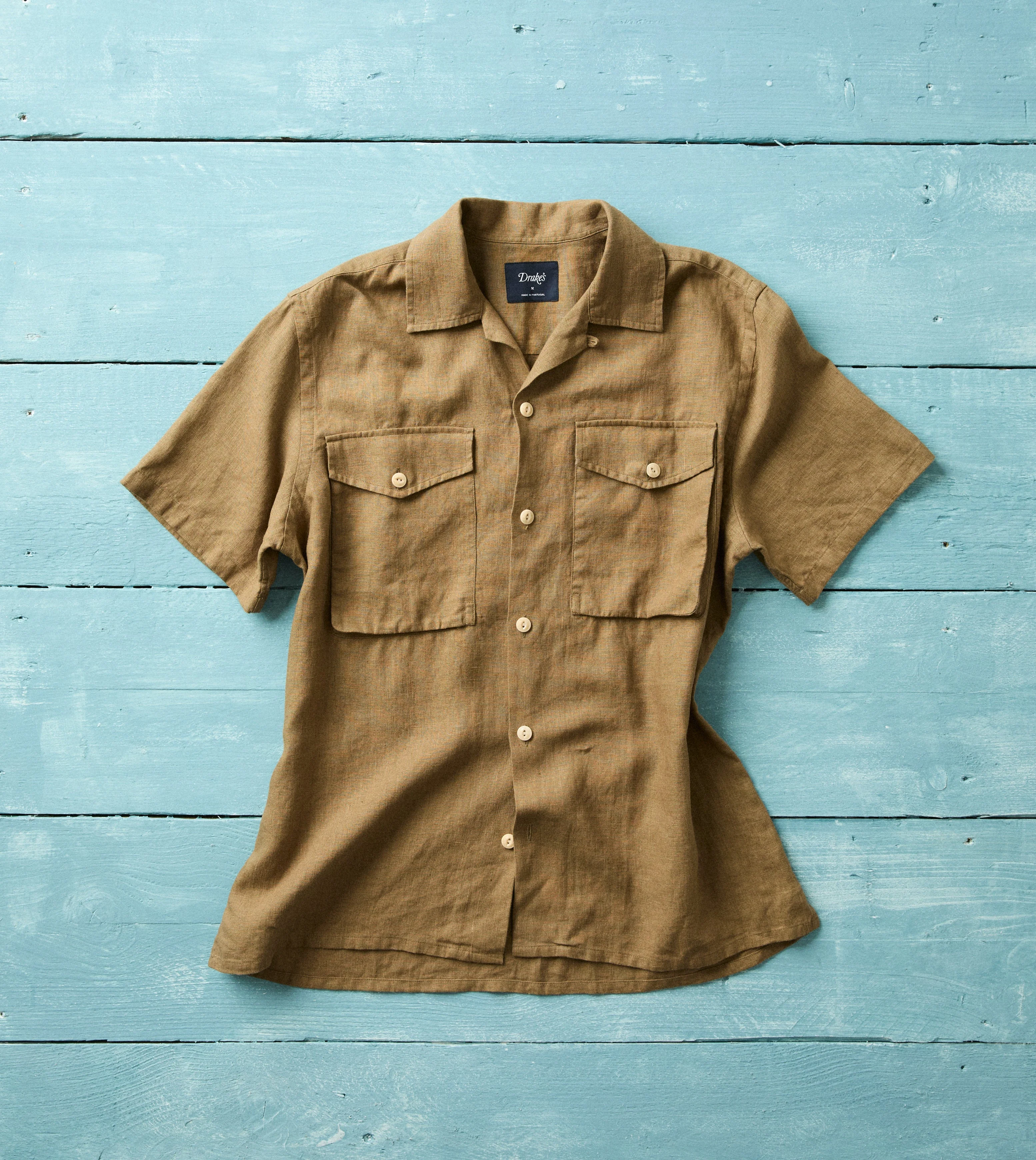 Khaki Linen Short Sleeve Camp Collar Military Shirt - 1