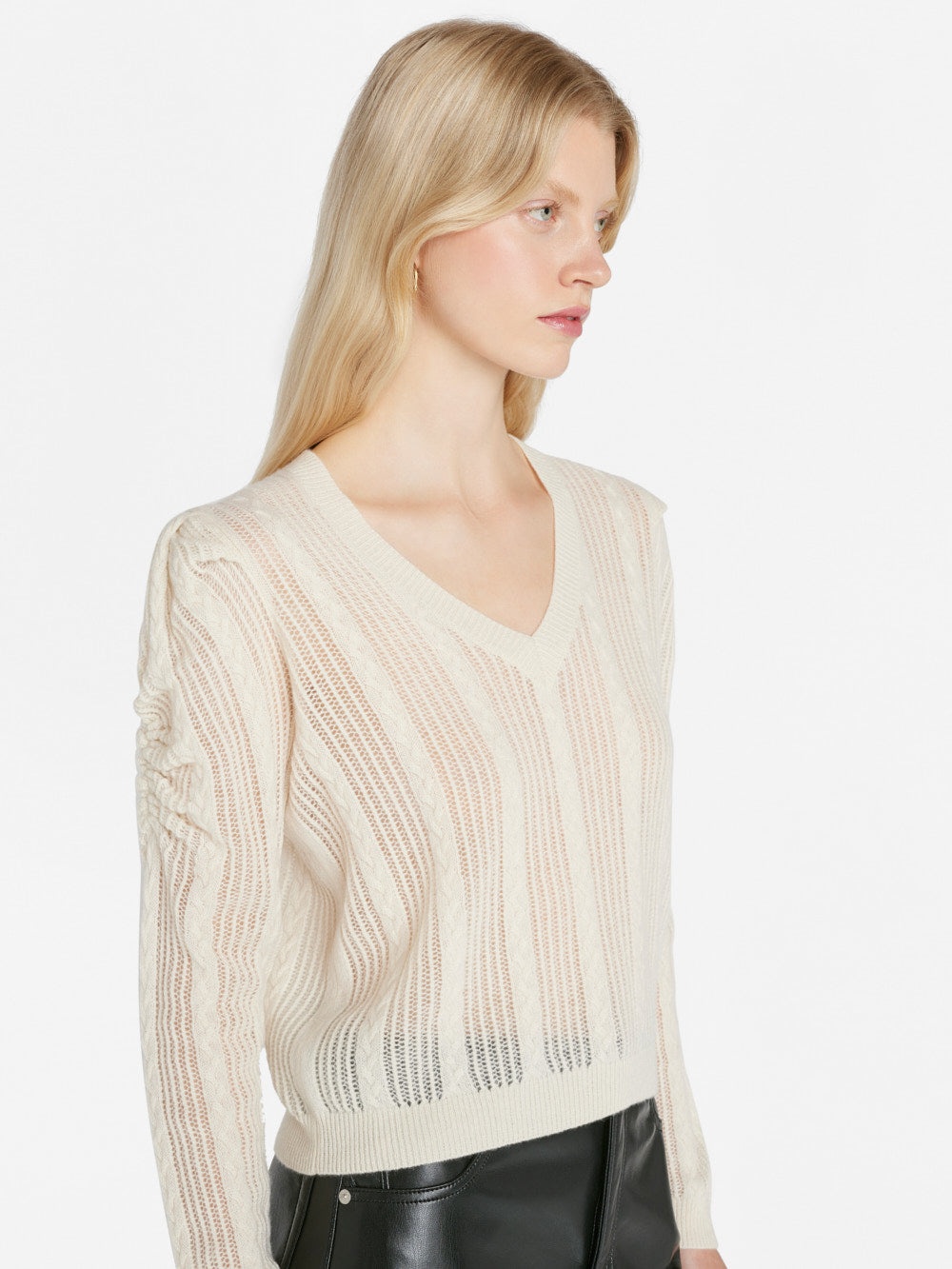 Pointelle Cashmere Ruched Sweater in Off White - 5