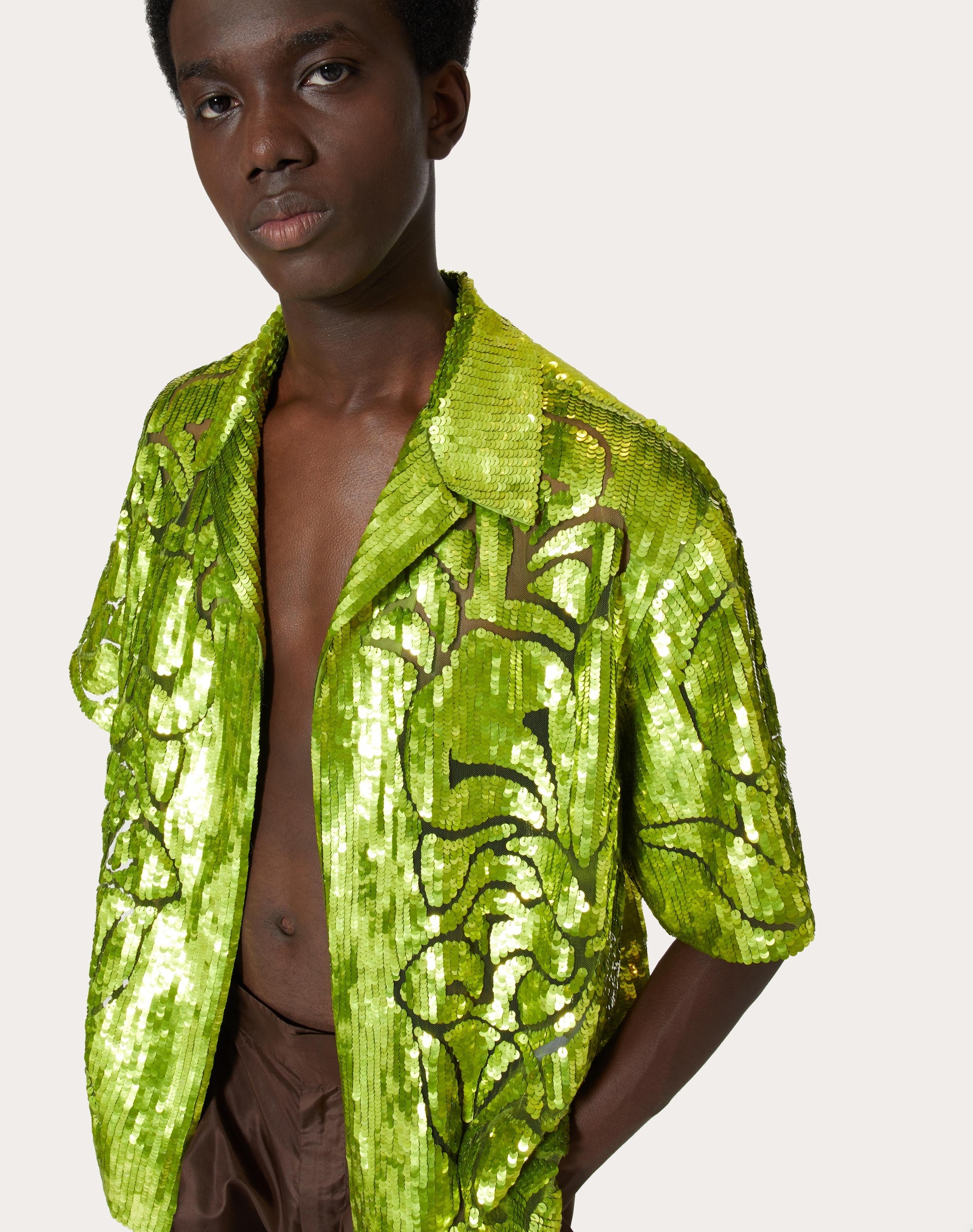 NYLON BOWLING SHIRT WITH SEQUINS AND FLORAL CUT-OUT EMBROIDERY - 5