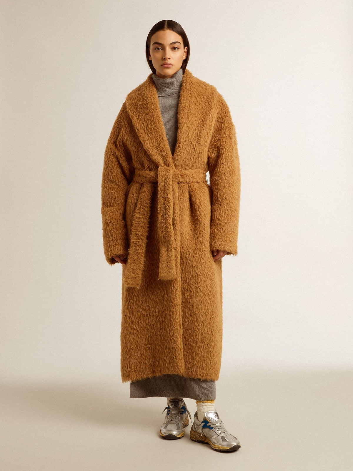 Women's coat with shawl collar in tobacco - 3