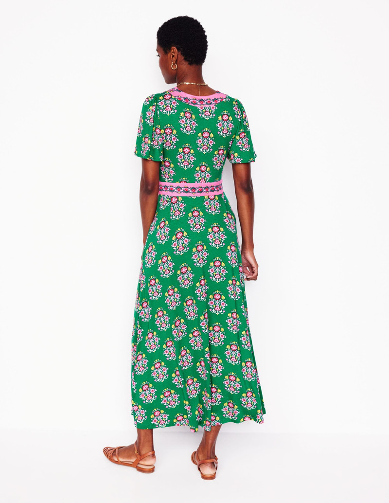Ellie Flutter Maxi Tea Dress-Rich Emerald, Wildflower Stamp 5