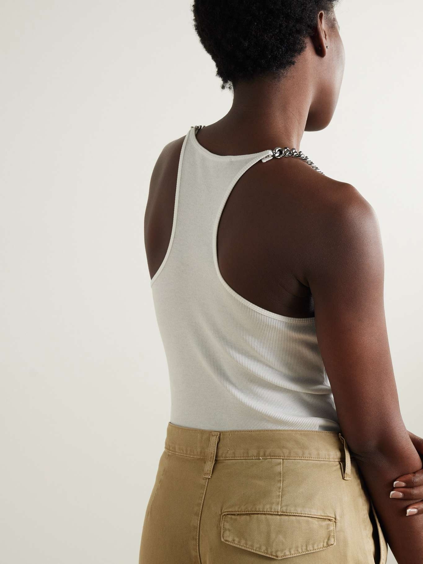Chain-embellished ribbed cotton-blend jersey tank White - 3