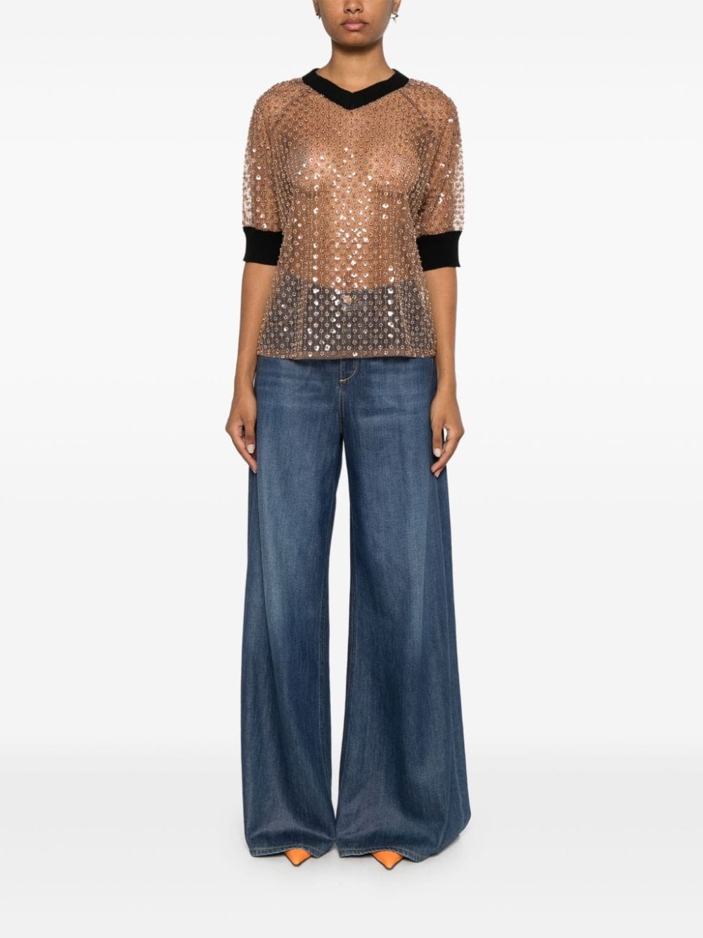 contrast-trim sequinned top - 2