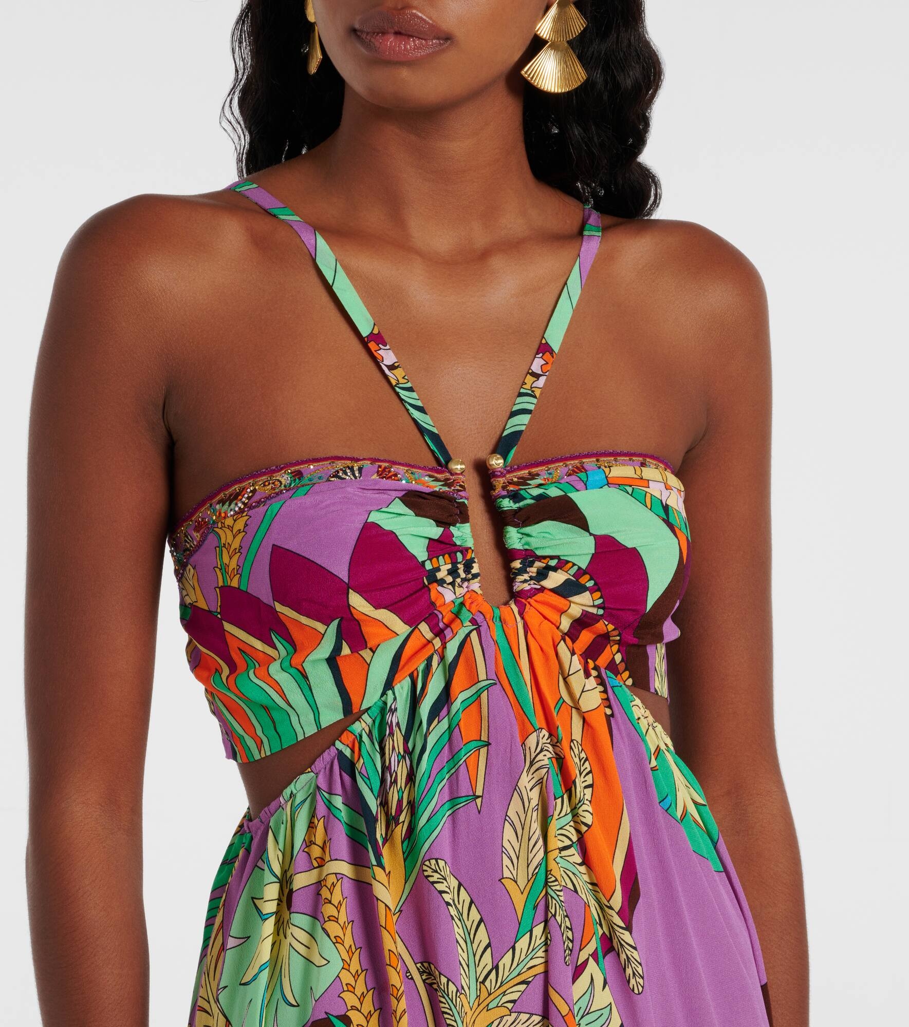 Gathered printed silk cutout maxi dress - 4